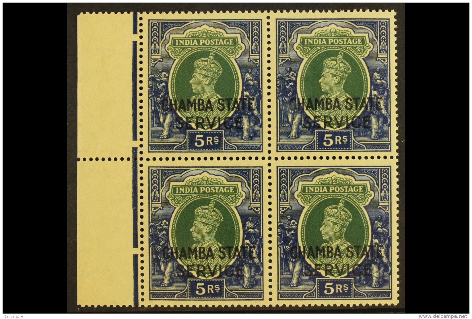 CHAMBA OFFICIALS. 1938-40 5r Green &amp; Blue, SG O70, Never Hinged Mint Marginal Block Of 4, Very Lightly Toned... - Otros & Sin Clasificación