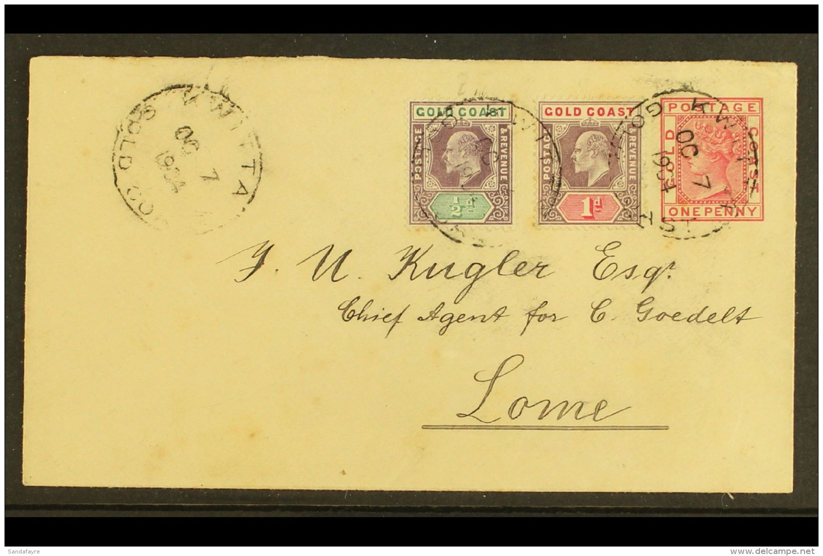 1904 POSTAL STATIONERY ENVELOPE TO TOGO (Oct 7th) Uprated (1899) 1d Postal Stationery Envelope, H/G B1, Bearing... - Côte D'Or (...-1957)