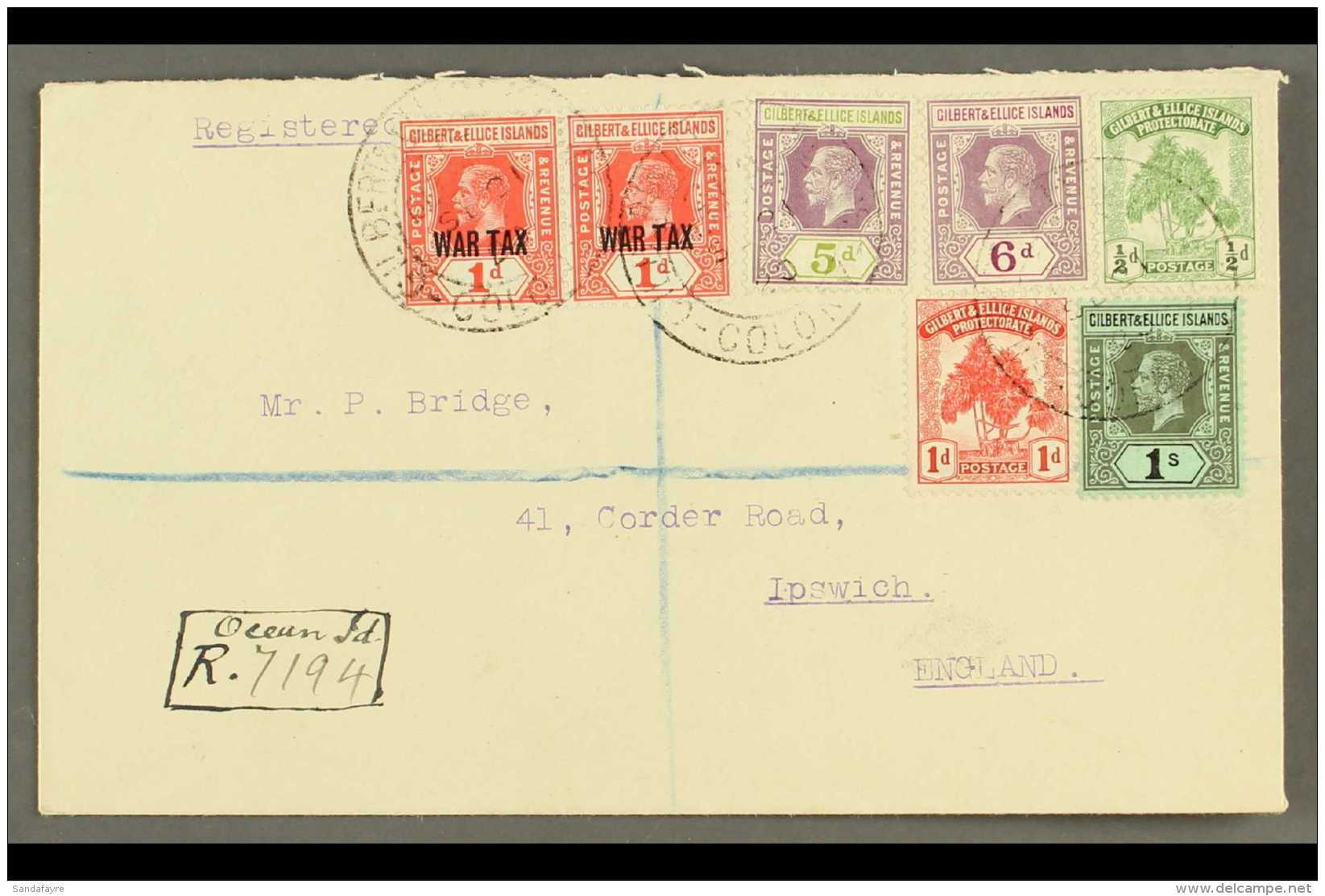 OCEAN ISLAND 1920 Registered Cover To England, Bearing &frac12;d &amp; 1d "Pines," KGV 5d, 6d &amp; 1s Plus "War... - Gilbert- Und Ellice-Inseln (...-1979)