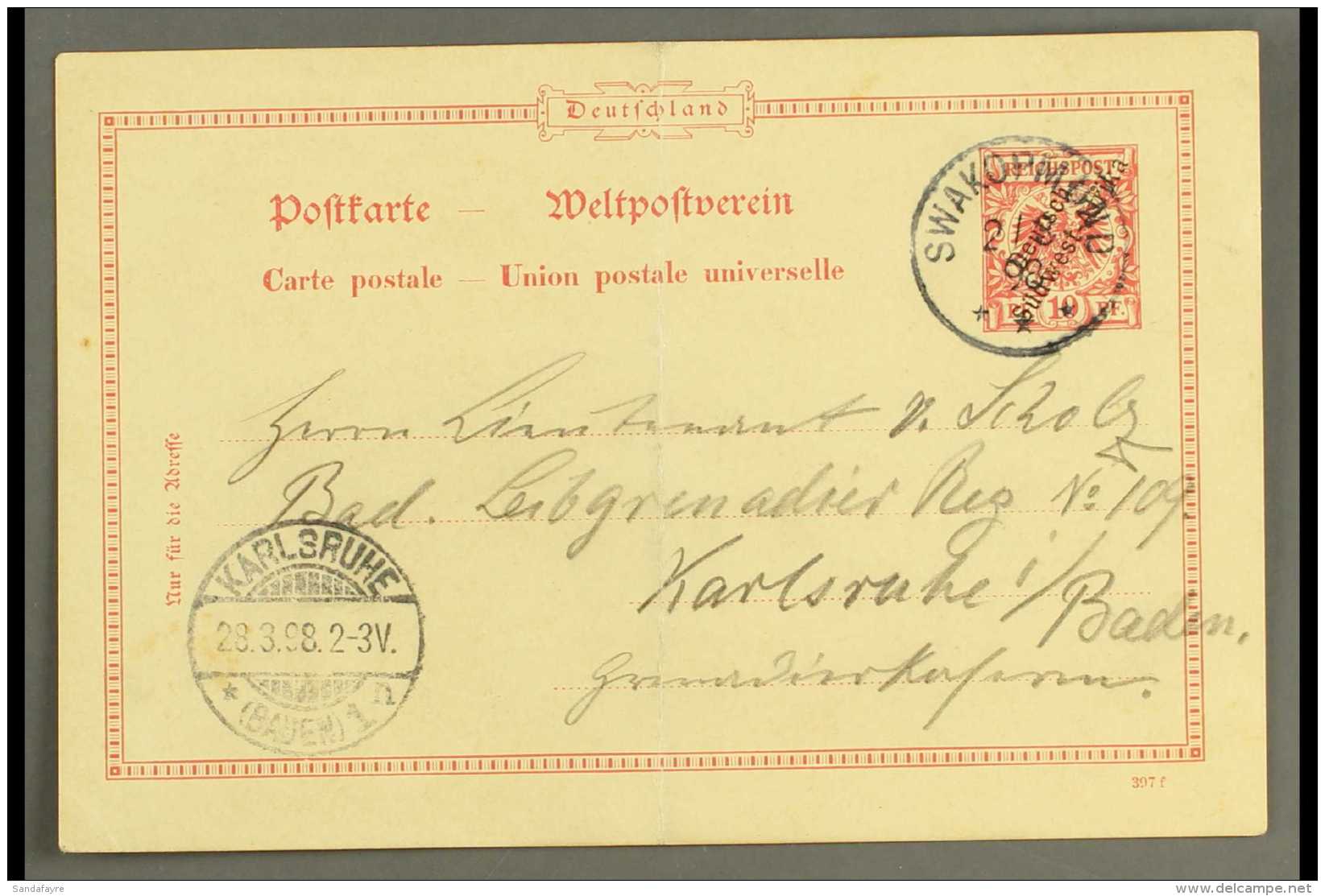 SOUTH WEST AFRICA 1898 (3 Mar) 10pf With Diagonal Opt Postal Stationery Card To Germany Cancelled By Fine... - Autres & Non Classés
