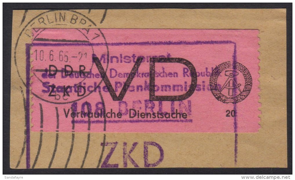 OFFICIALS DIENSTSACHEN 1965 (Apr) 20pf Black On Rose, Michel 2, Very Fine Used On Piece Cancelled By Large Boxed... - Otros & Sin Clasificación