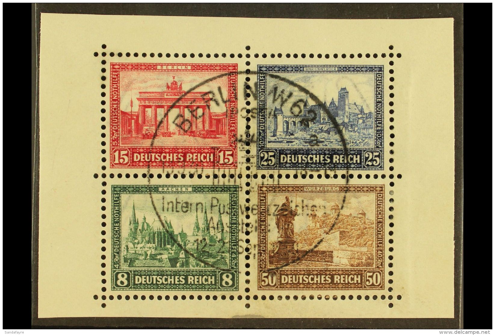 1930 IPOSTA Buildings Complete Set From The Mini-sheet, Michel 446/49, Very Fine Used Se-tenant BLOCK Of 4 With... - Sonstige & Ohne Zuordnung