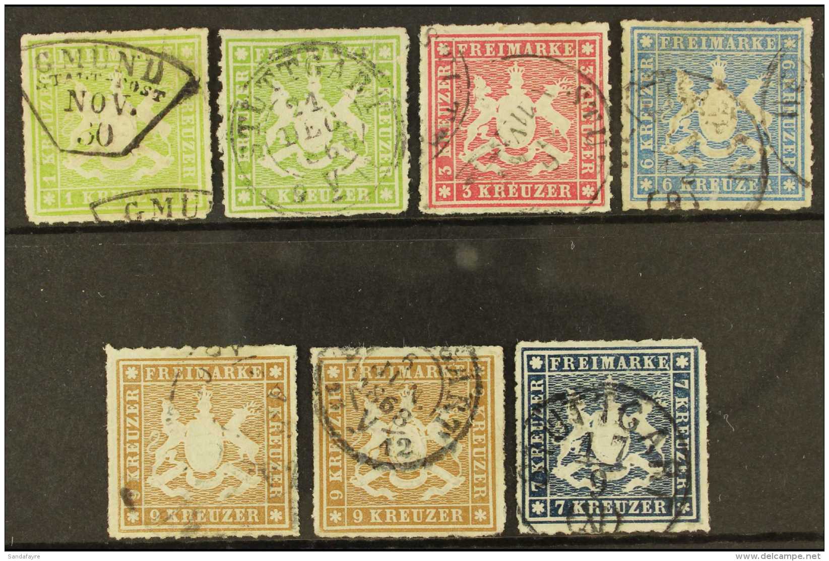 WURTTEMBERG 1865-67 Rouletted Set Mi. 30/34, Plus Additional Shades Of 1 Kr Mi. 30b, And 9 Kr Mi. 33b (tear); Also... - Sonstige & Ohne Zuordnung