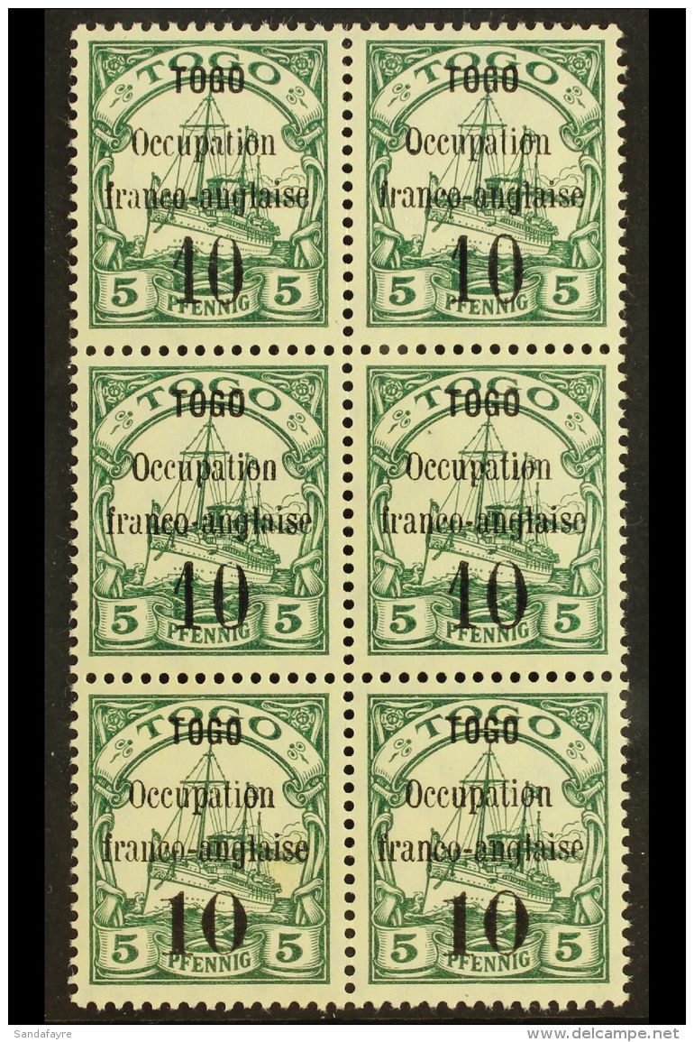 TOGO FRENCH OCCUPATION 1914 10 On 5pf Green Surcharge BLOCK Of 6 (2x3, Positions 15-16, 25-26 &amp; 35-36),... - Otros & Sin Clasificación