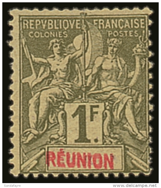 REUNION 1892 1fr Olive With "REUNION" Double Variety, Yvert 44a, Fine Mint. For More Images, Please Visit... - Sonstige & Ohne Zuordnung