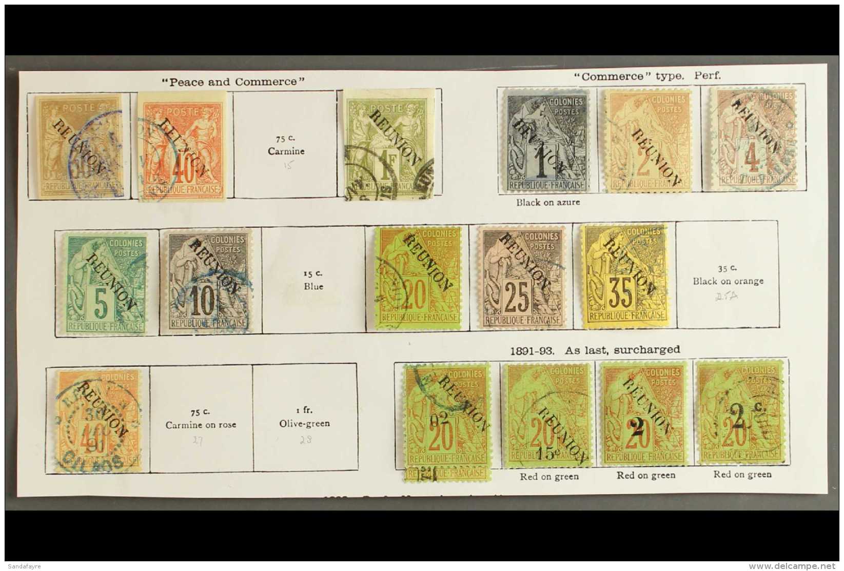 REUNION 1891 - 1893 Fine Used Selection With 1877 Imperfs 30c, 40c And 1fr (without Accent), 1881 Commerce Types... - Otros & Sin Clasificación