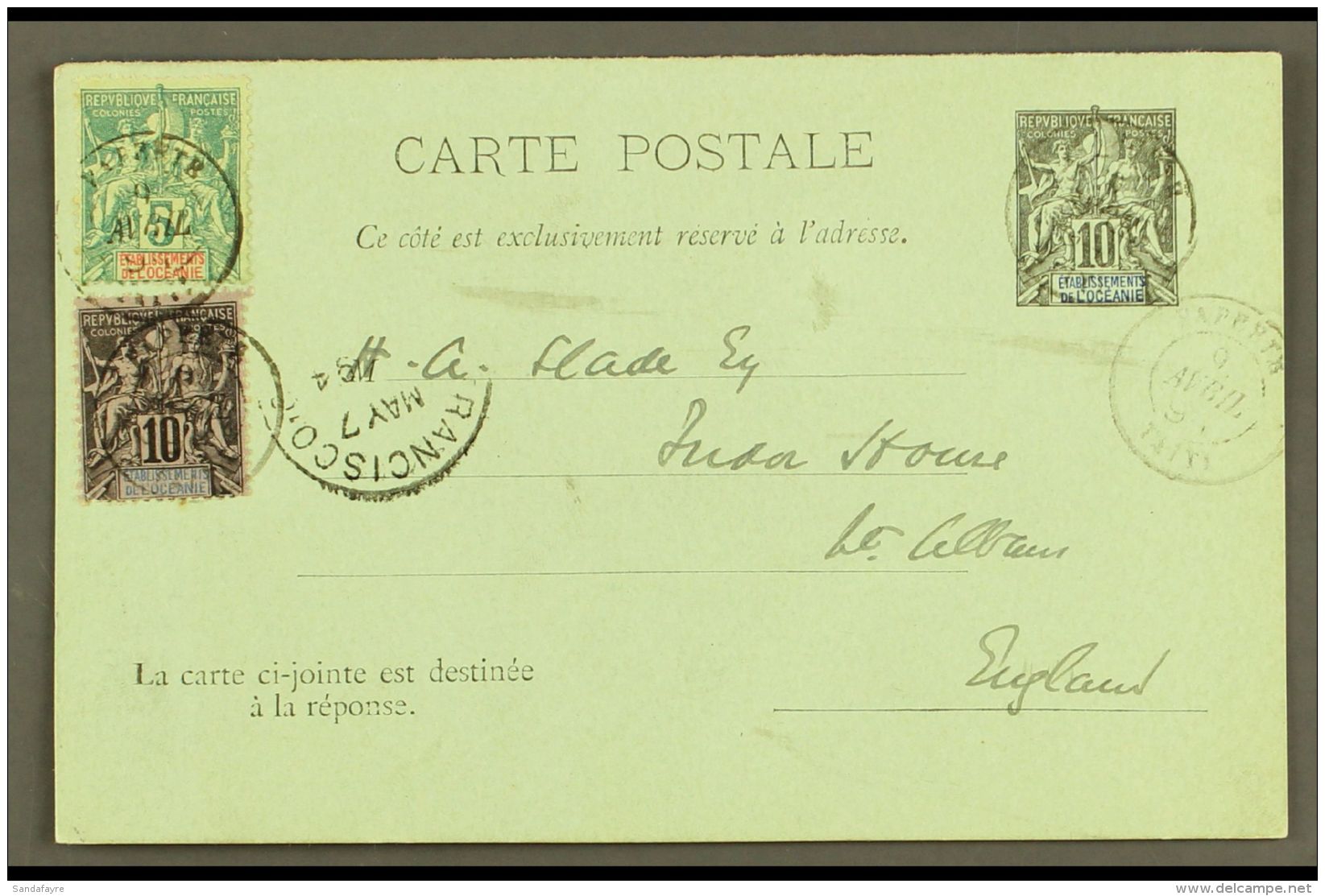 OCEANIC SETTLEMENT 1894 (9 Apr) 10c Postal Card Uprated With 5c &amp; 10c "Tablet" Stamps All Tied Papeete /... - Otros & Sin Clasificación