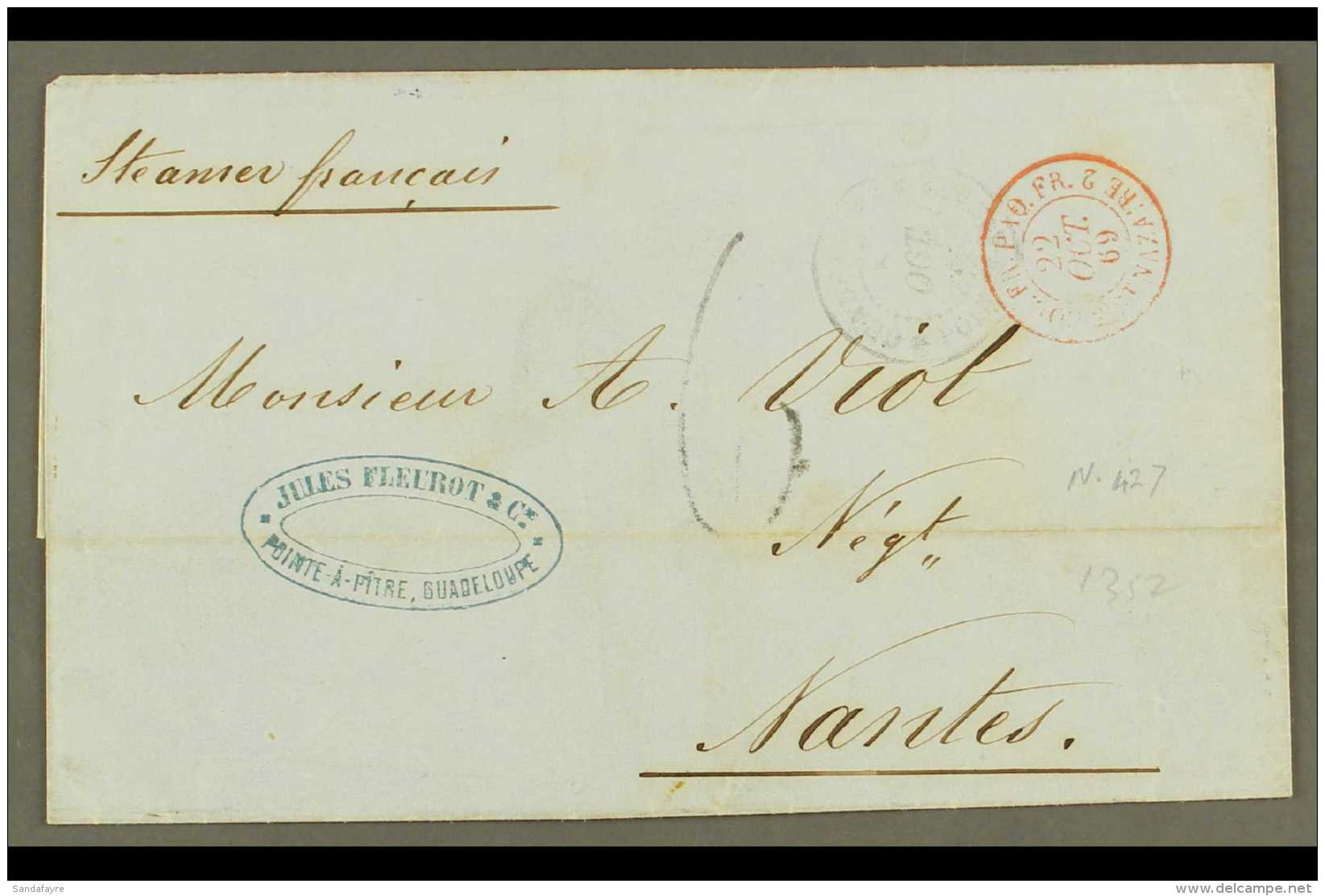 GUADELOUPE 1869 (5 Oct) Entire Addressed To France, Endorsed 'Steamer Francais', Bearing "Pointe A Pitre,... - Autres & Non Classés