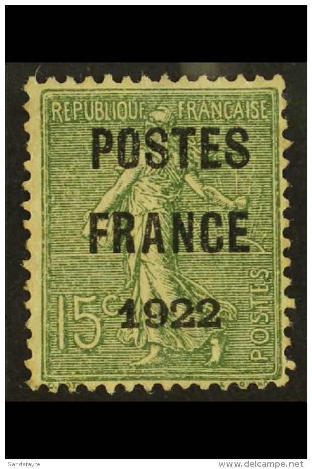 PREOBLITERES 1922 15c Olive With "POSTES / FRANCE / 1922" Precancel, Yvert 37, No Gum, Small Thin.  For More... - Otros & Sin Clasificación