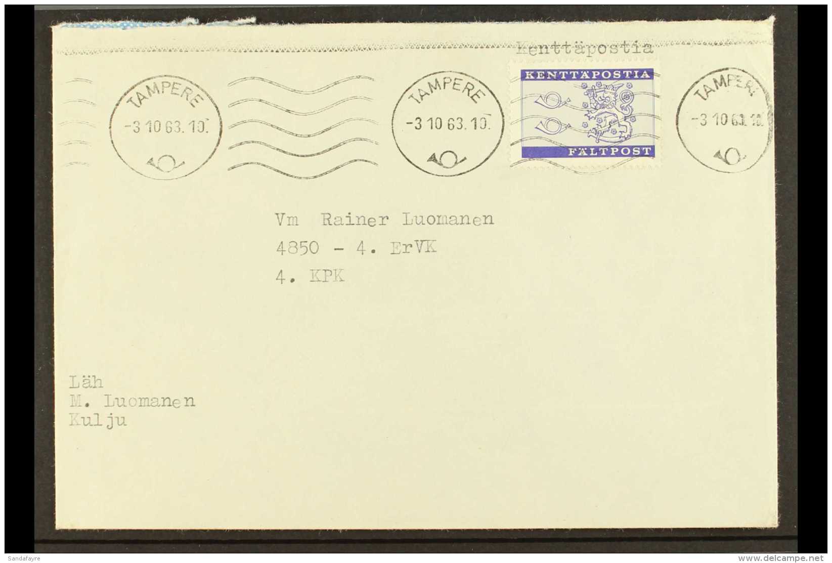 MILITARY FIELD POST 1963 (3 Oct) Cover Bearing Kenttaposta (-) Bluish Violet Stamp (Michel 8, SG M688, Facit F.8)... - Otros & Sin Clasificación