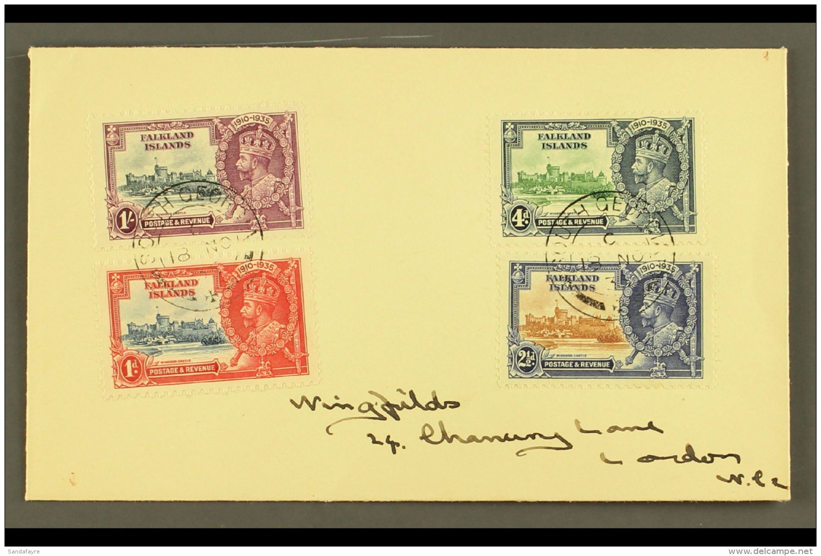 SOUTH GEORGIA 1935 Silver Jubilee Complete Set Of Falkland Islands, SG 139/142, Very Fine Used On Cover To London,... - Falklandinseln