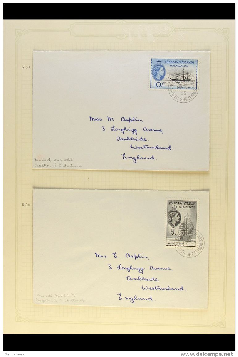 1954-62 Ships Definitives Complete Set Of 15, SG G26/40, Very Fine Used On A Group Of Matching Covers To England... - Islas Malvinas