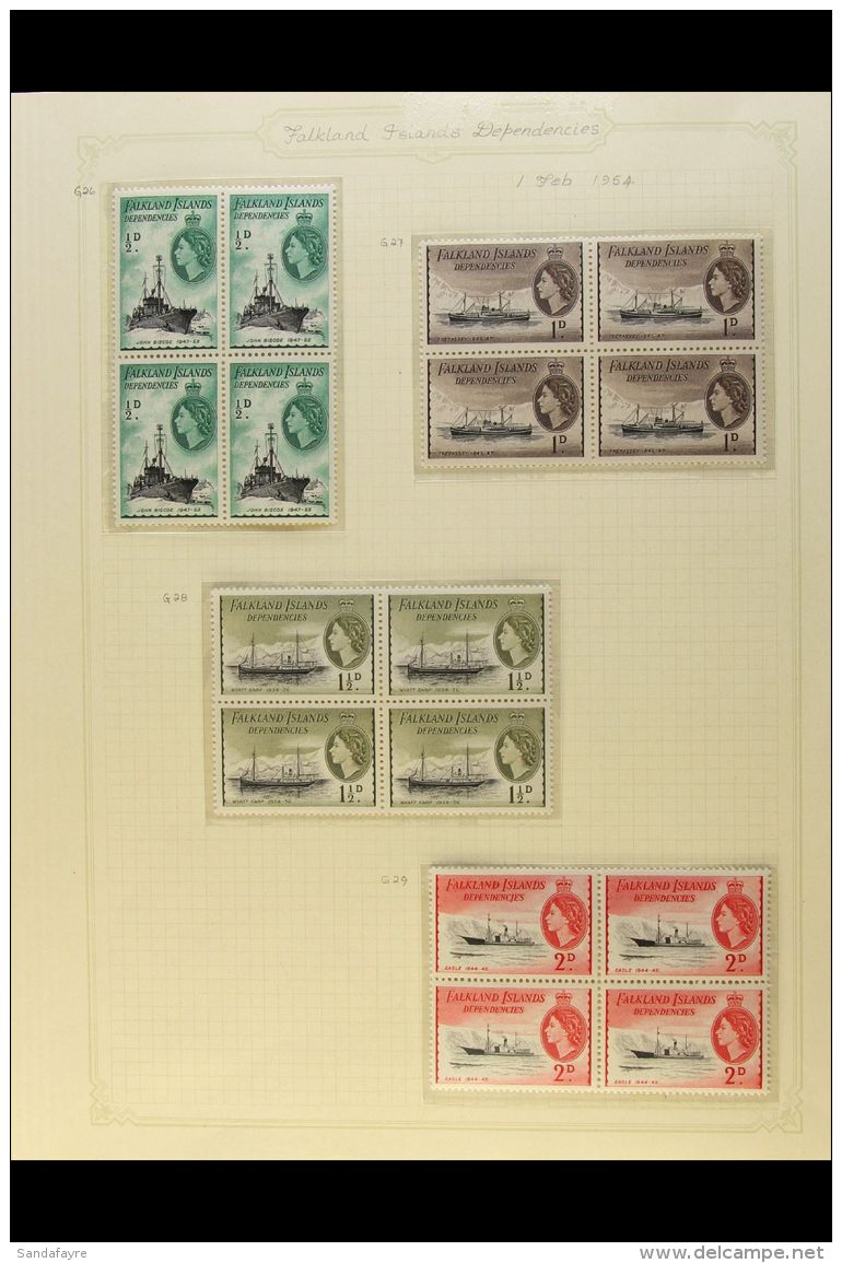 1954 QEII Set To 5s Complete In Blocks Of 4 With 10s And &pound;1 In Pairs, SG G26/40, Very Fine Never Hinged... - Islas Malvinas