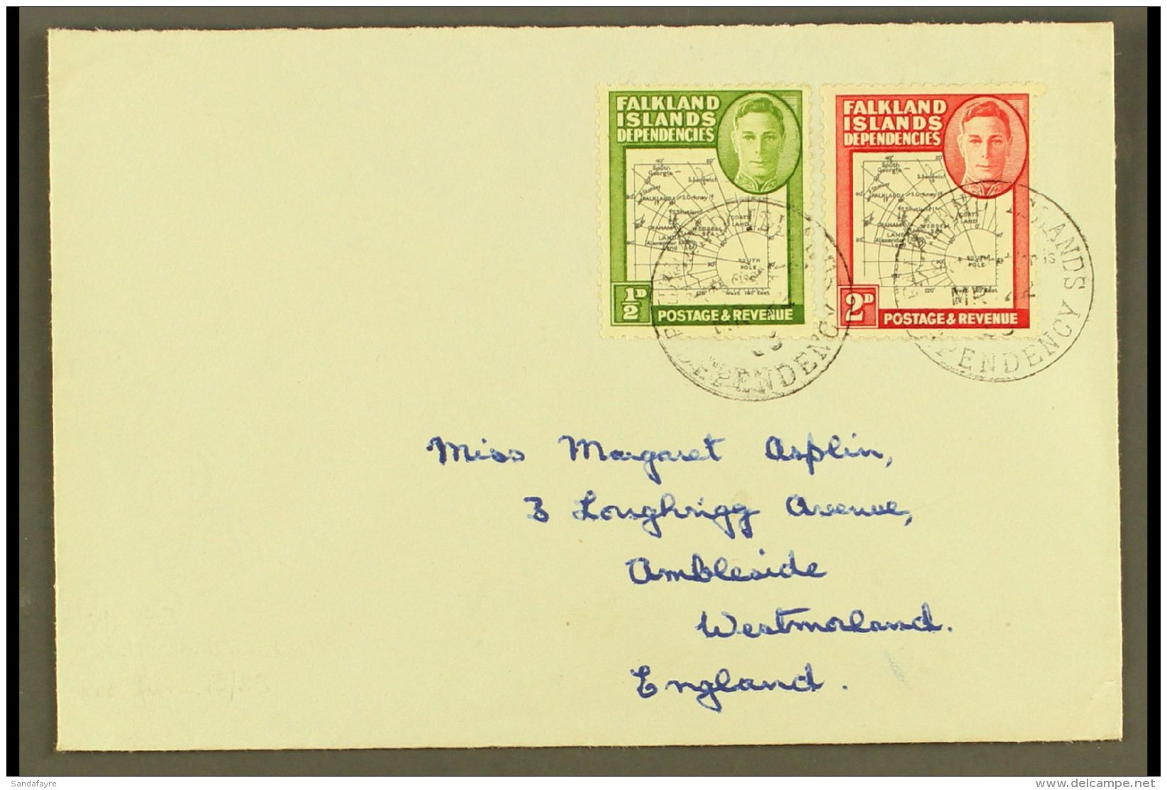 1952 Cover To UK Franked Coarse Map 2d, SG G2, In Addition &frac12;d Black And Green Showing The Variety "missing... - Falklandinseln