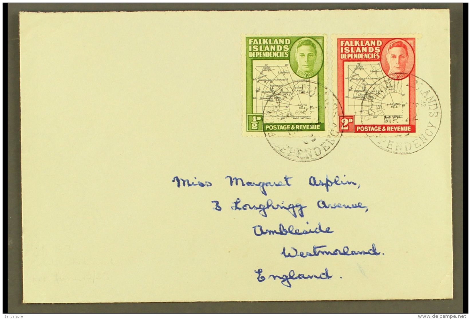 1952 Cover To UK Franked Coarse Map 2d, SG G2, In Addition &frac12;d Black And Green Showing The Variety "missing... - Islas Malvinas