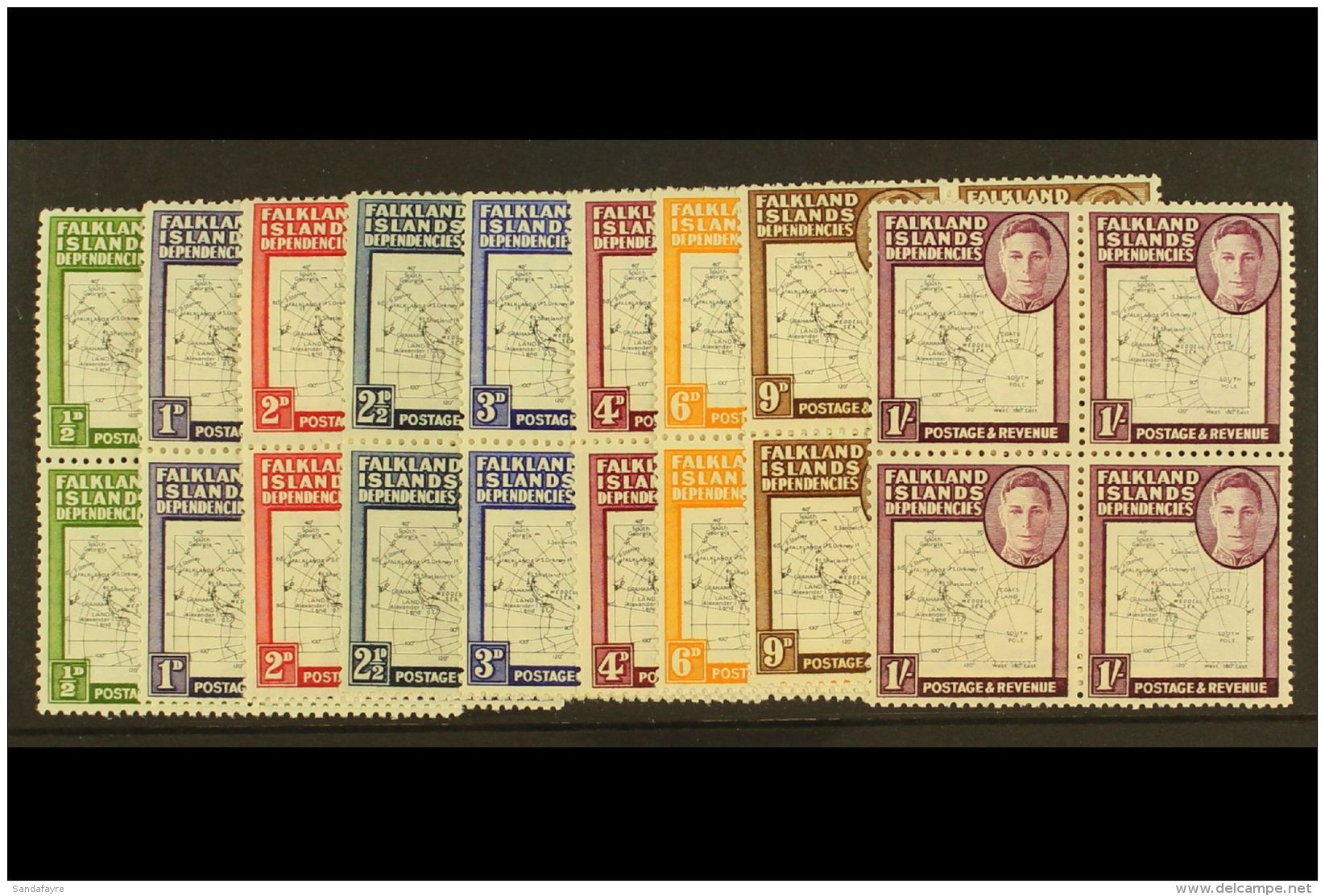 1948 Thin Map Set Complete In Blocks Of 4 With One Stamp In Each Block Showing The Variety "Dot In T", SG G9a/16a,... - Falklandinseln