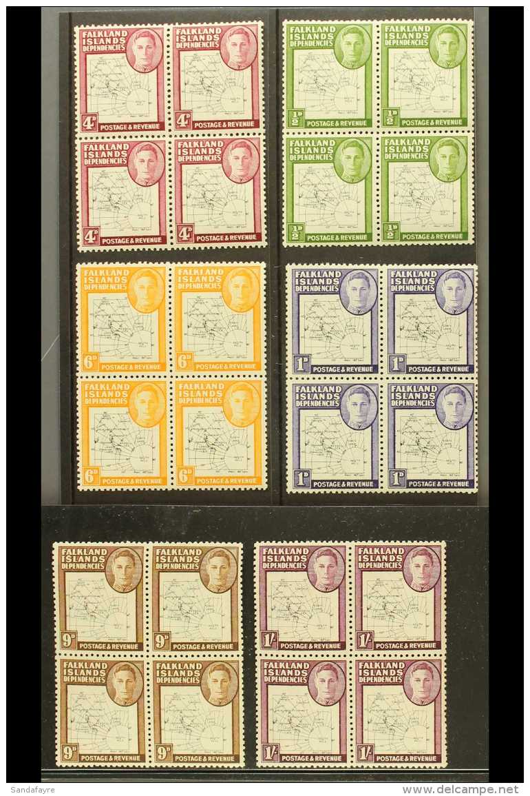 1946-49 VARIETIES. &frac12;d, 1d, 4d, 6d, 9d &amp; 1s Thin Map (SG G9/10 &amp; G13/16) Never Hinged Mint BLOCKS Of... - Falkland