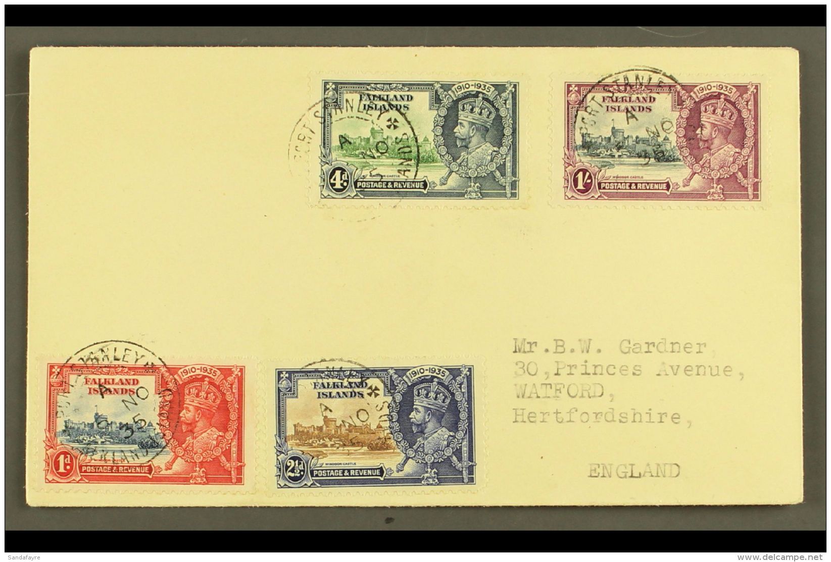 1935 Silver Jubilee Complete Set, SG 139/142, Very Fine Used On Cover To England, Tied By PORT STANLEY / FALKLAND... - Falkland Islands