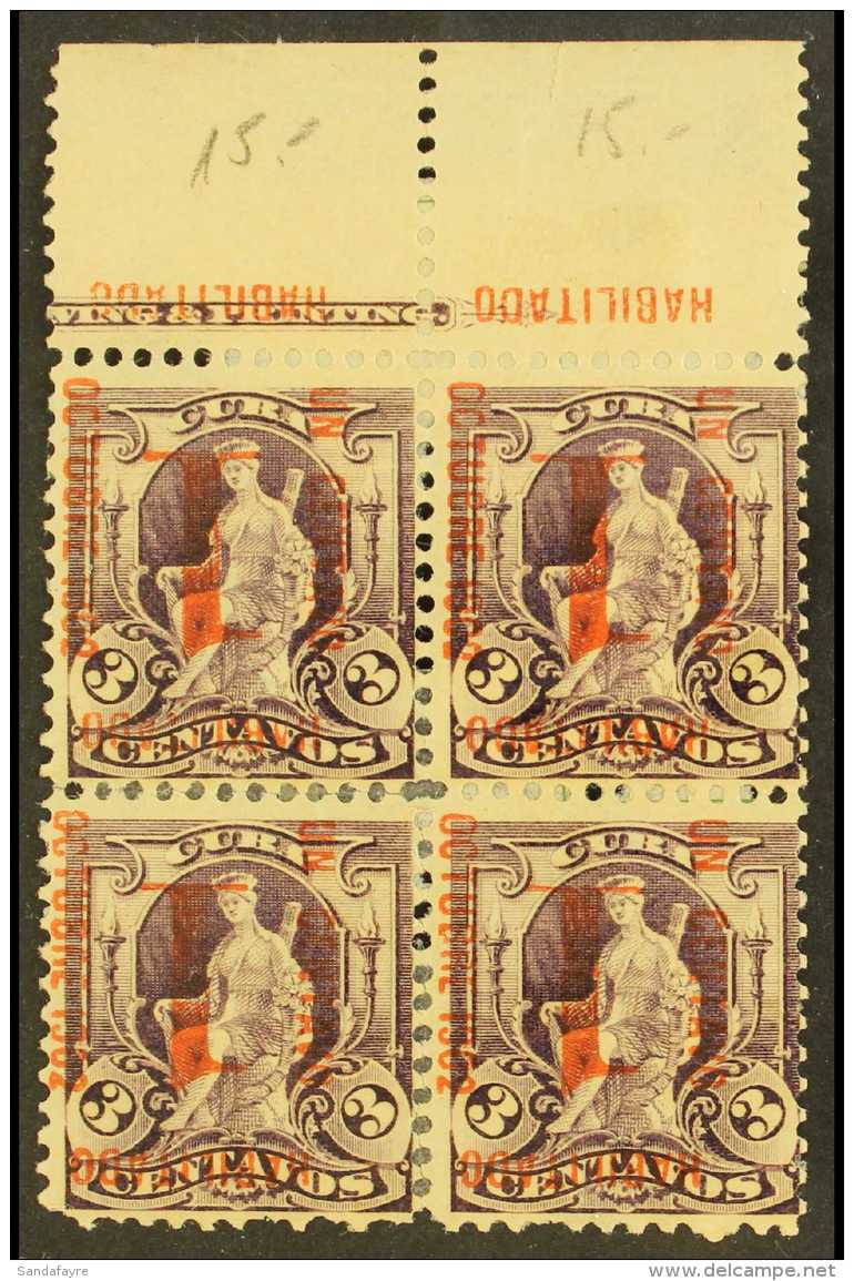 1902 1c On 3c Purple INVERTED SURCHARGE Variety (Scott 232a, SG 306a), Mint Upper Marginal BLOCK Of 4 With Part... - Other & Unclassified