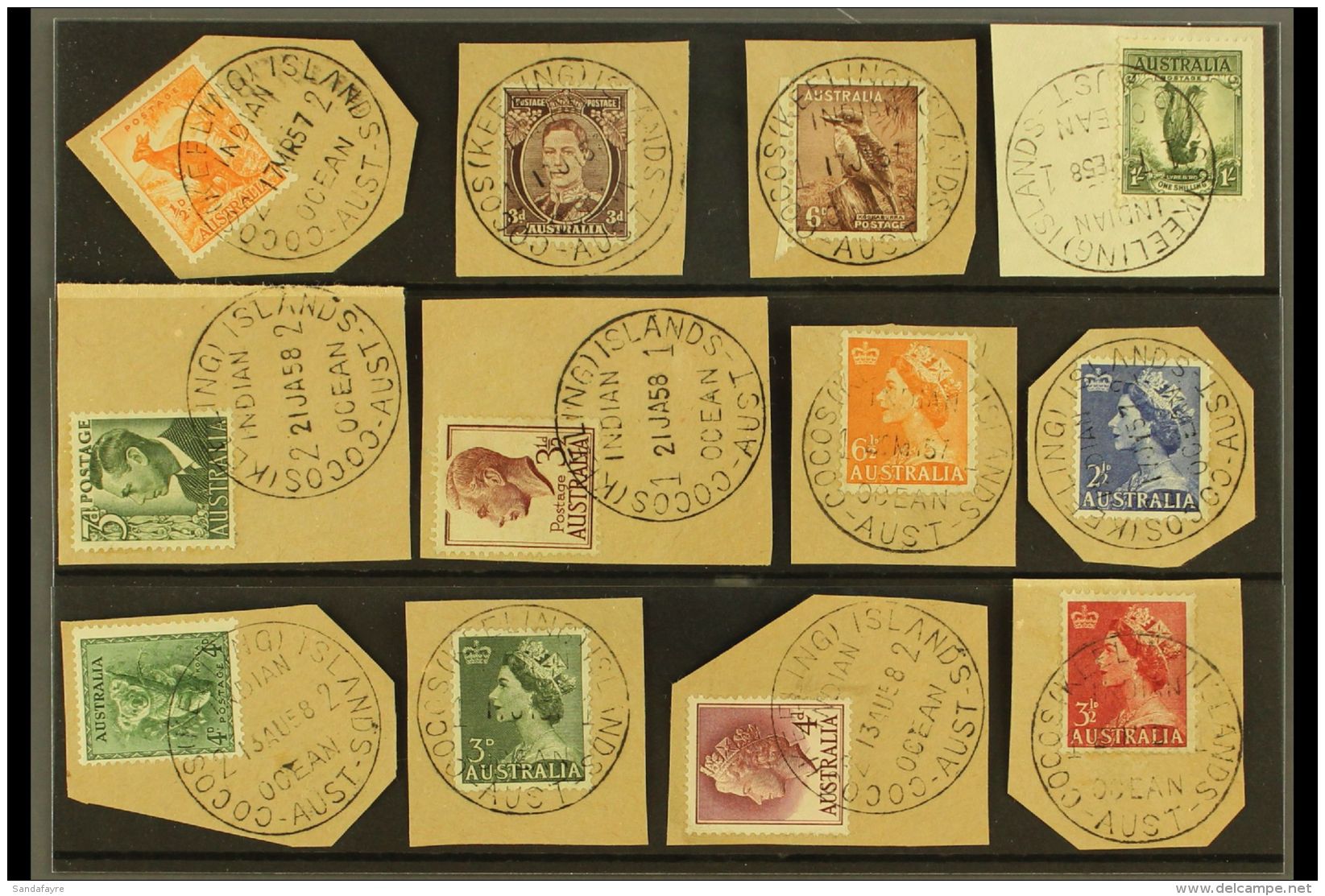 1957-1958 AUSTRALIA USED IN. A Selection Of Superb Used Stamps On Pieces Tied By Full "Cocos (Keeling) Islands"... - Islas Cocos (Keeling)