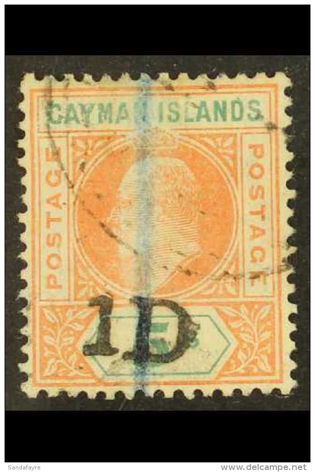 1907 1d On 5s Salmon And Green, SG 19, Cds Used, Blue Vertical Crayon Mark. For More Images, Please Visit... - Iles Caïmans