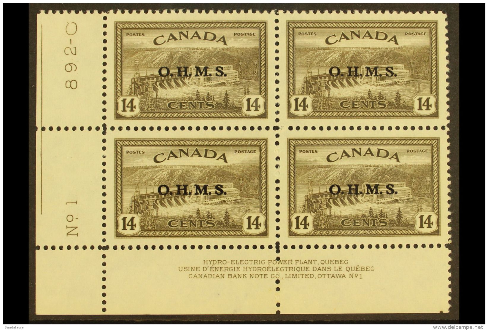 OFFICIALS 1949 14c Sepia "OHMS" Opt'd, SG O167, Never Hinged Mint Imprint Lower Left Corner Block Of 4. Lovely!... - Autres & Non Classés