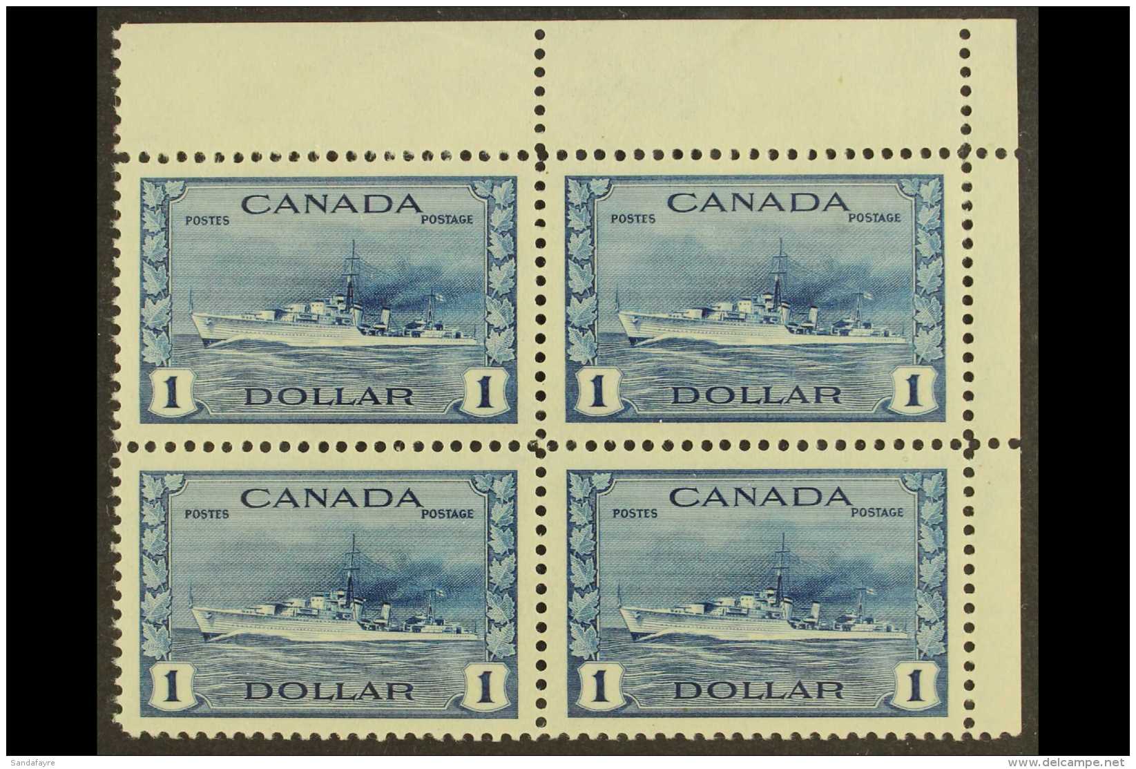 1942-8 $1 Blue, H.M.S. Cossack, Top Right Corner Block Of Four, SG 388, Never Hinged Mint. For More Images, Please... - Sonstige & Ohne Zuordnung