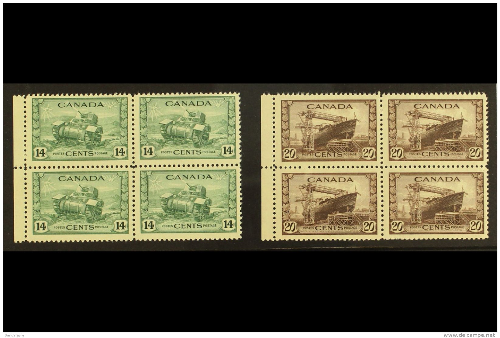 1942-43 War Effort 14c Dull Green And 20c Chocolate, SG 385/86, Marginal Blocks Of Four, Never Hinged Mint. (2... - Otros & Sin Clasificación