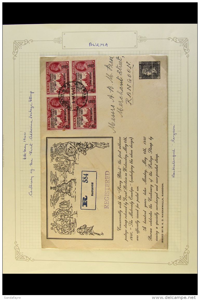 1940 Stamp Centenary 1a On 2a6p Claret, SG 34, Block Of Four Fine Used On Large Illustrated FDC To Rangoon, One... - Burma (...-1947)