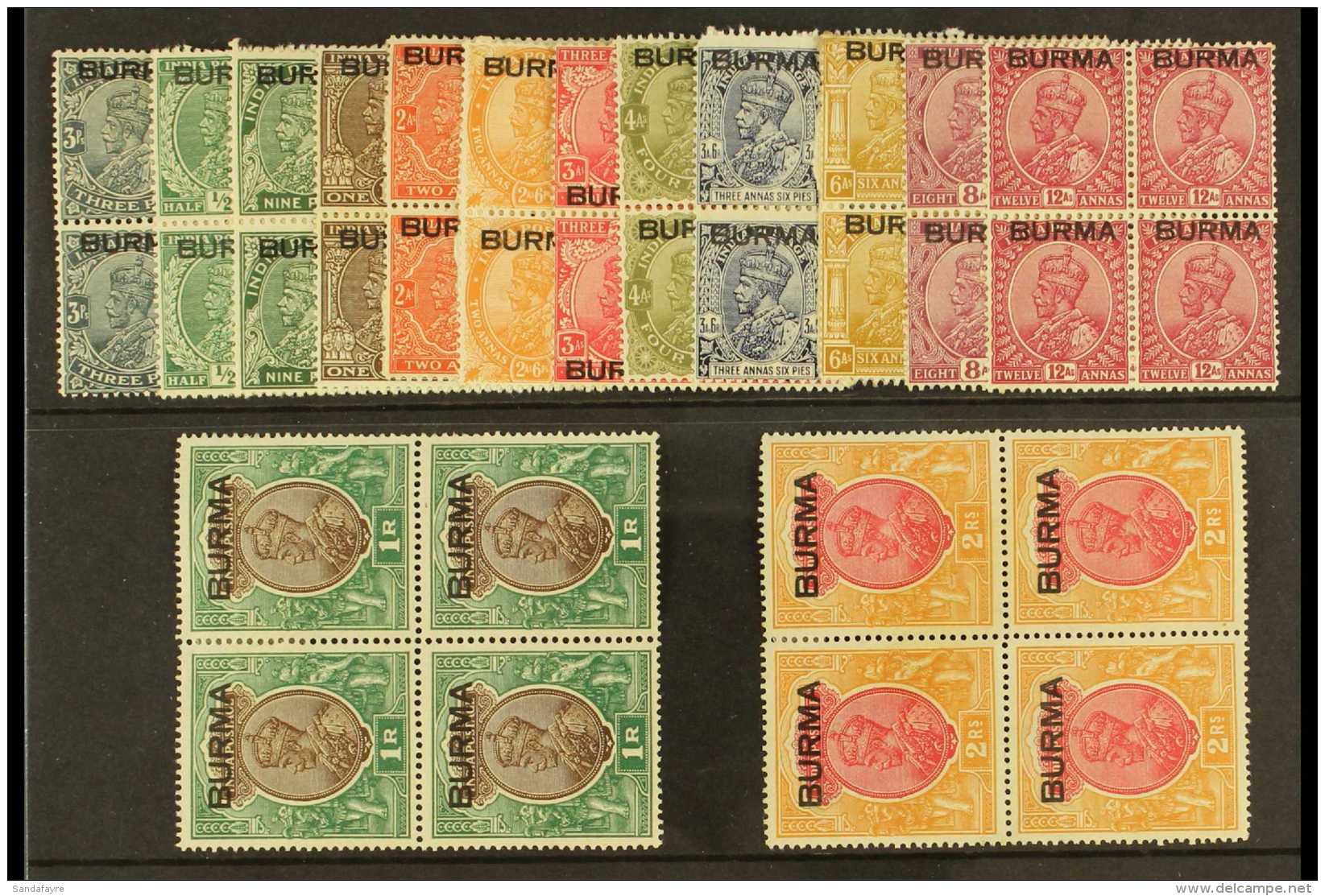1937 Geo V Set To 2r Complete, SG 1/14, In Very Fine Mint Blocks Of 4 (2og, 2nhm). (56 Stamps) For More Images,... - Burma (...-1947)