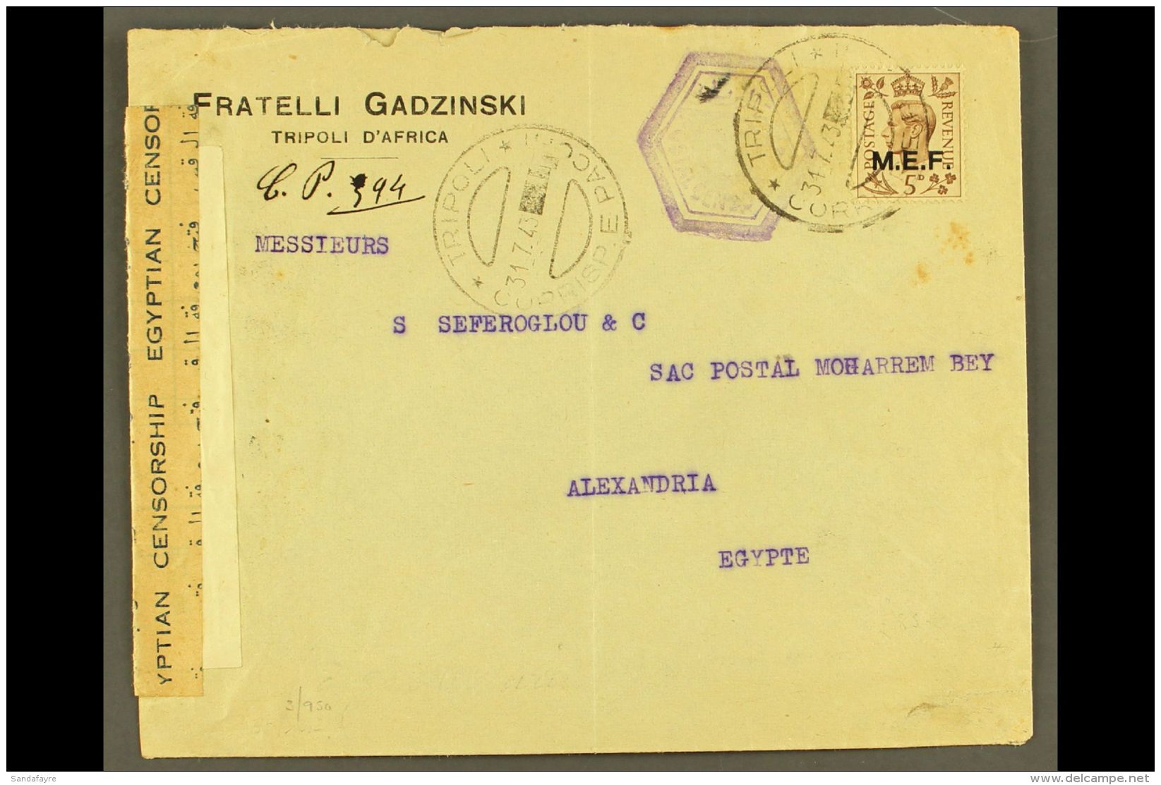 TRIPOLI 1943 Censored Commercial Cover To Egypt, Franked With KGVI 5d "M.E.F." Ovpt, Clear Tripoli 31.7.43 C.d.s.... - Afrique Orientale Italienne