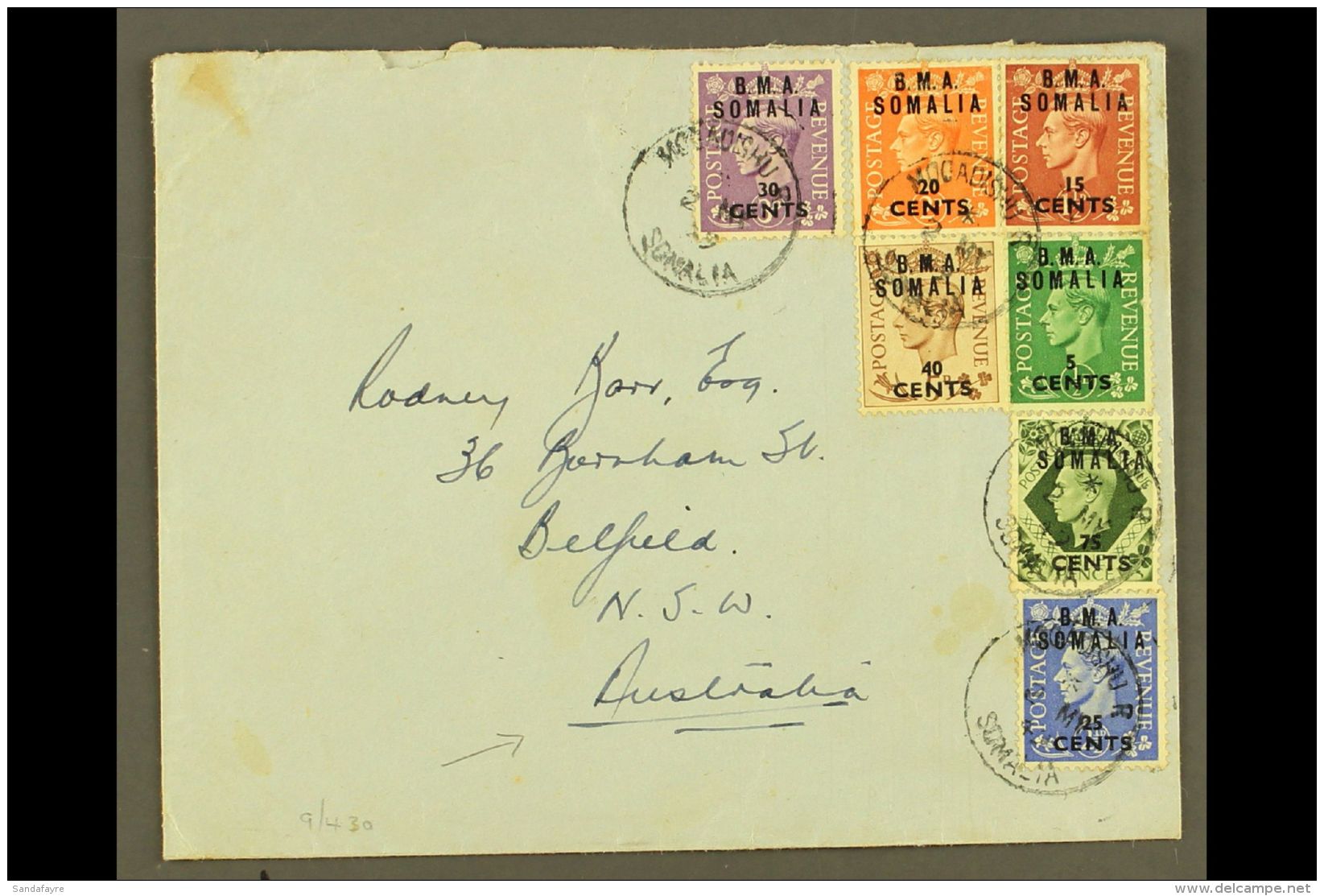 SOMALIA 1949 Plain Envelope To Australia, Franked KGVI 5c On &frac12;d To 40c On 5d &amp; 75c On 9d "B.M.A.... - Africa Oriental Italiana