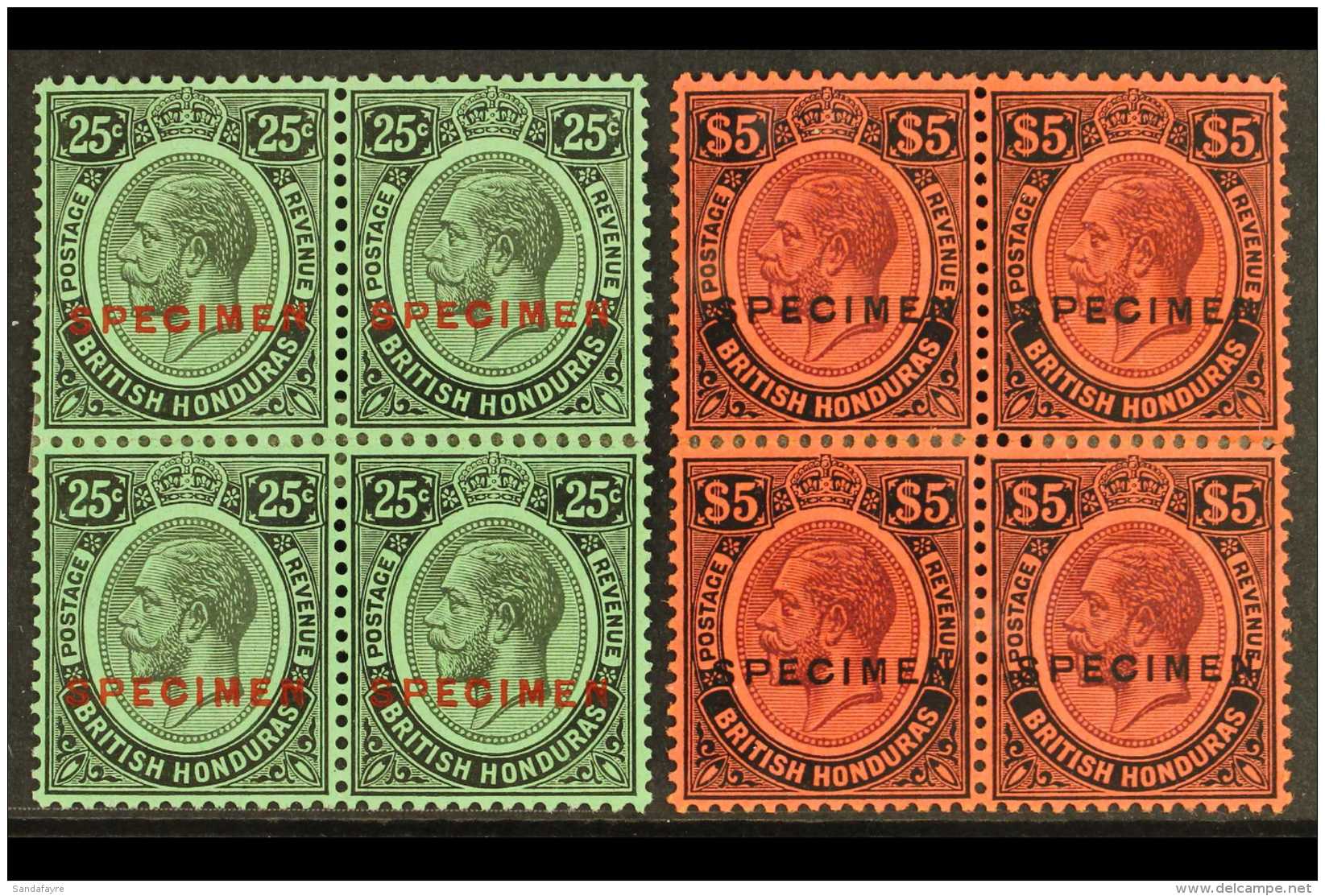 1922 25c Black On Emerald Overprinted "Specimen" In Red And $5 Purple And Black On Red Ovptd "Specimen" In Black,... - Honduras Británica (...-1970)