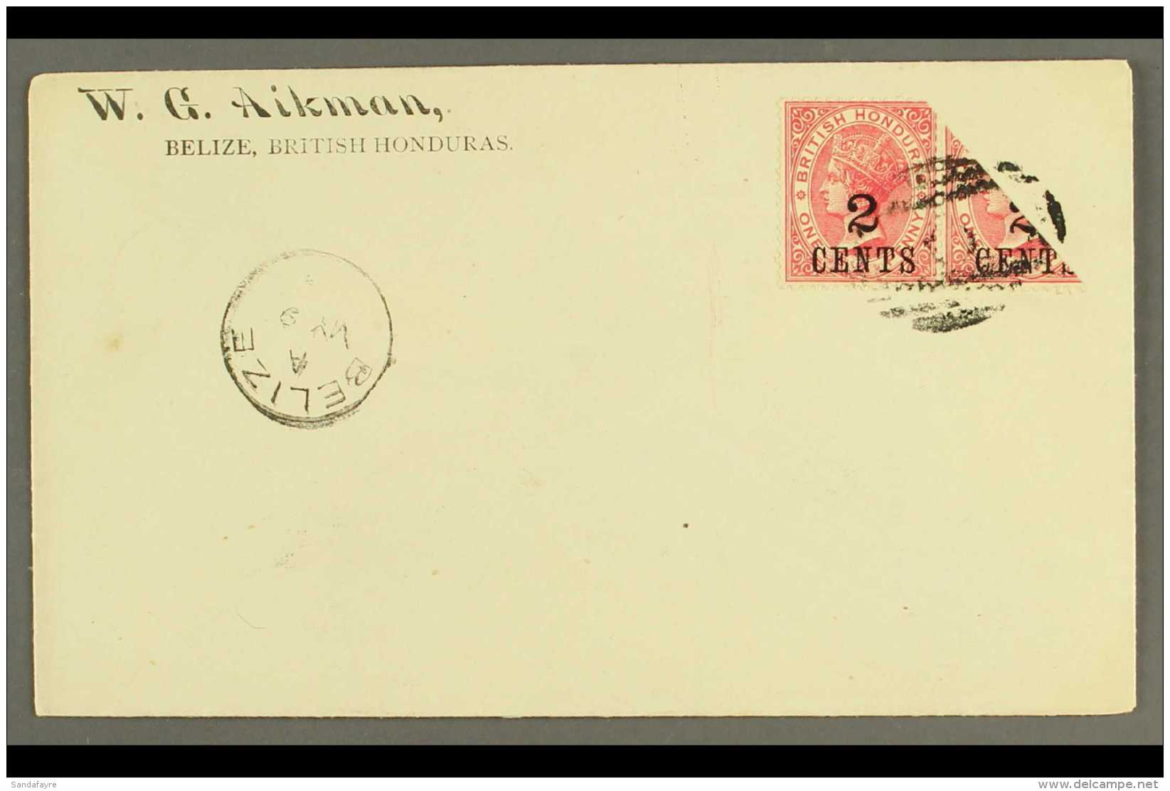 1888 2c On 1d Carmine In Pair With Bisected Stamp (1d), Tied On Untravelled Cover By Barred AO6 Barred Cancel With... - Honduras Británica (...-1970)