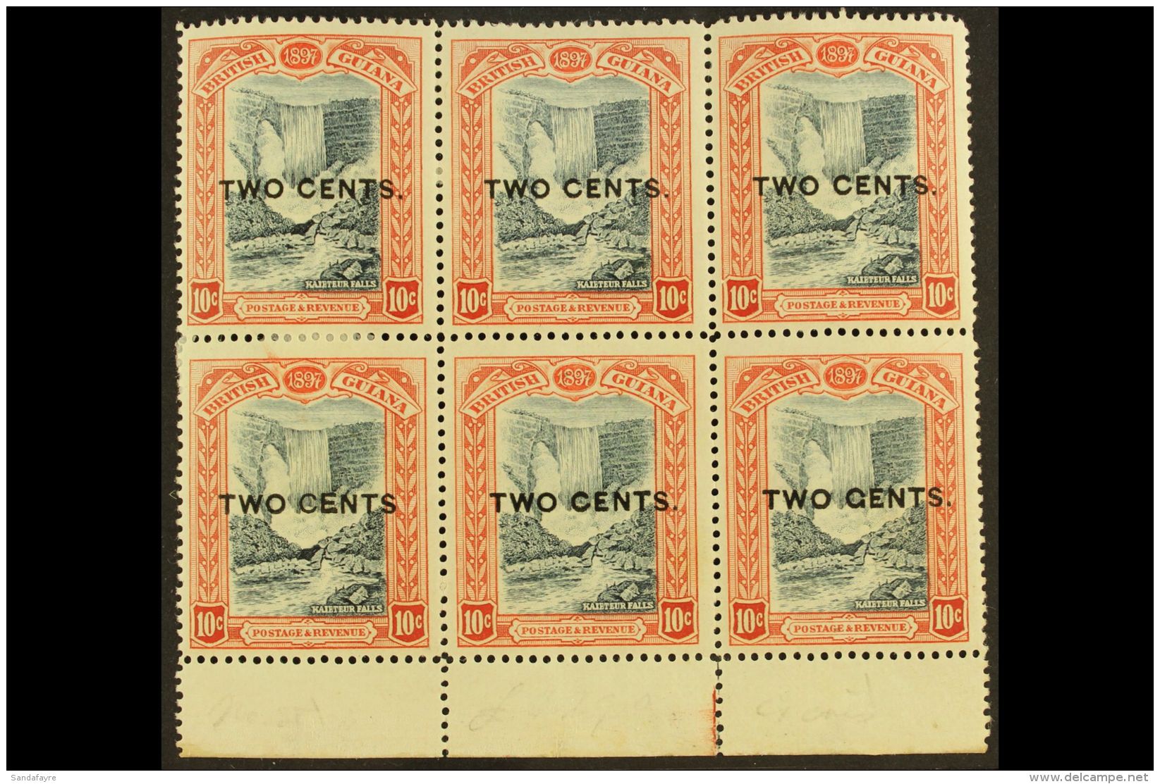 1899 POSITIONAL VARIETIES BLOCK 1899 2c On 10c Kaiteur Falls With NO STOP AFTER "CENTS" Variety, SG 223a, Plus... - Britisch-Guayana (...-1966)
