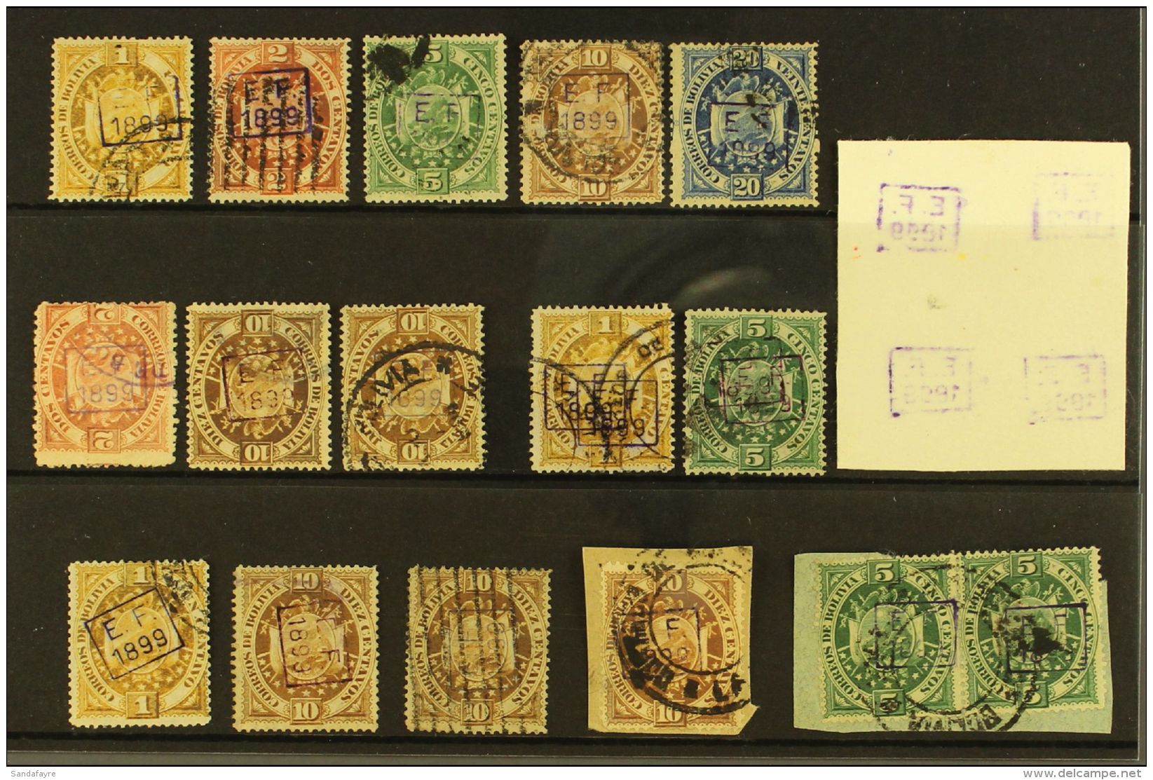 1899 "ESTADO FEDERAL" HANDSTAMPS. An Attractive USED SELECTION On A Stock Card. Includes 1899 Set (Scott 55/59),... - Bolivien