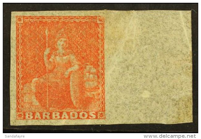 1861-70 (4d) Dull Vermilion IMPERF Marginal Single, SG 28a, 4 Clear Margins Including Full Sheet, Light Diagonal... - Barbados (...-1966)