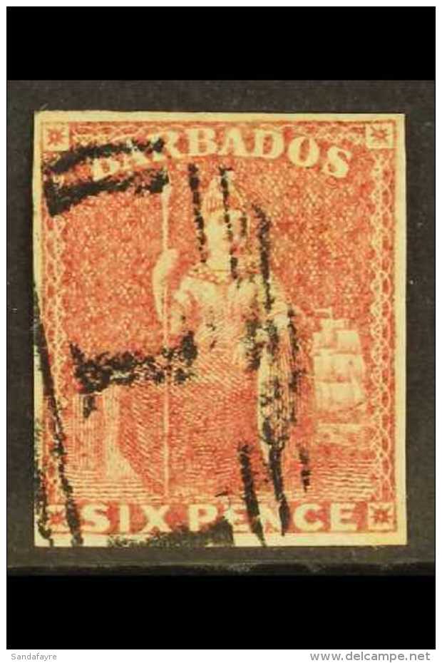 1858 6d Deep Rose Red, SG 11a, Very Fine Used With Clear Margins All Round And Neat "1" "bootheel" Cancel. For... - Barbades (...-1966)