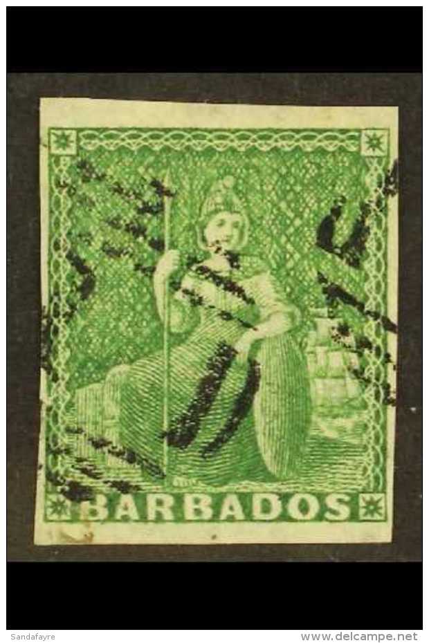 1855 (&frac12;d) Green On White Paper, SG 8, Superb Used Appearance But Tiny Scissor Nick At Left. Pretty Stamp.... - Barbades (...-1966)