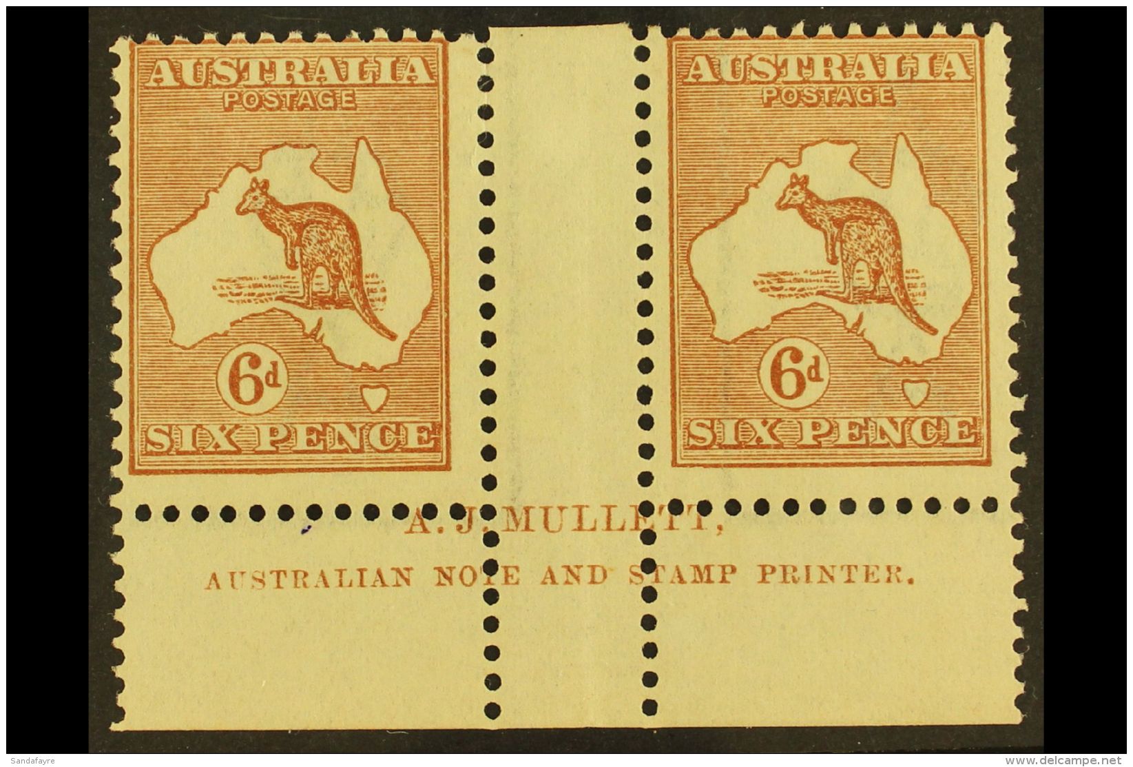 1922-32 6d Chestnut Roo, 3rd Wmk (narrow Crown) MULLET IMPRINT PAIR, BW 21zd, Mint With Light Gum Toning. For More... - Other & Unclassified