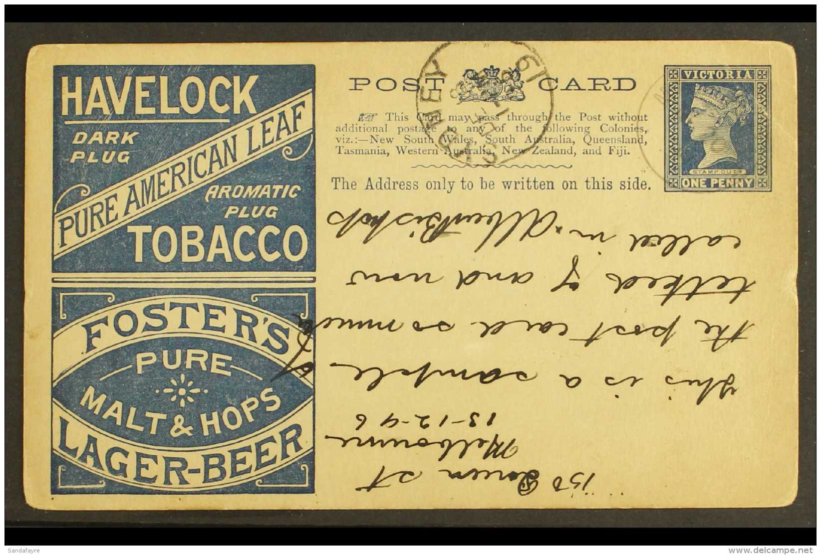 VICTORIA 1895 (17 Dec) An Example Of The 1d Blue Havelock Tobacco Postcard, The Reverse With The Address &amp;... - Sonstige & Ohne Zuordnung