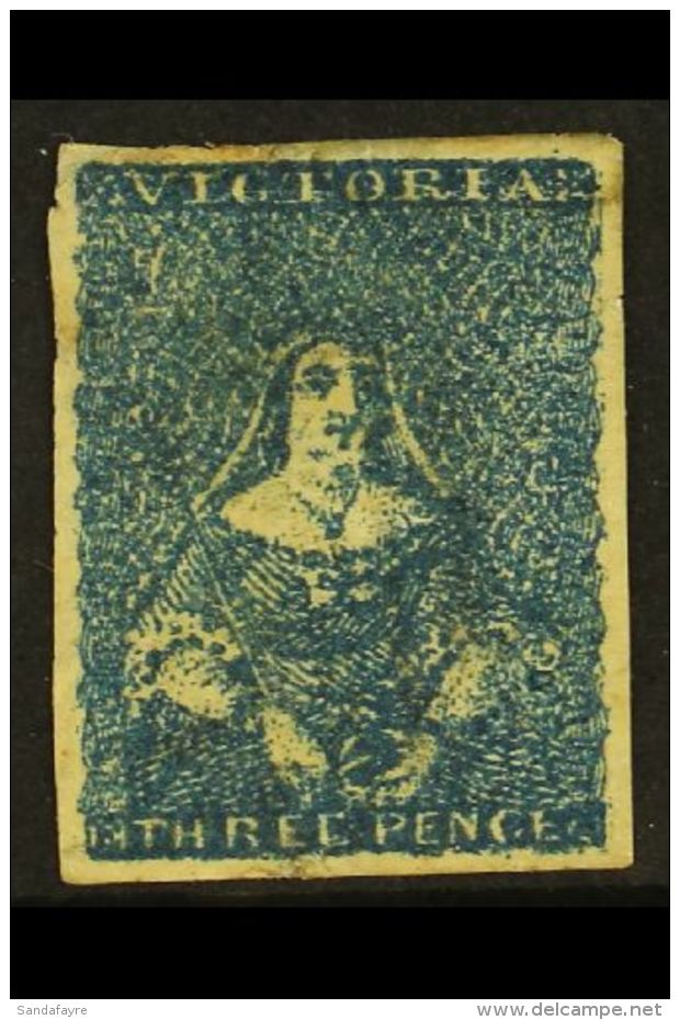 VICTORIA 1854-57 3d Deep Blue 'Half Length', SG 31c, Unused No Gum With 4 Large Margins, Small Repair At Upper... - Sonstige & Ohne Zuordnung
