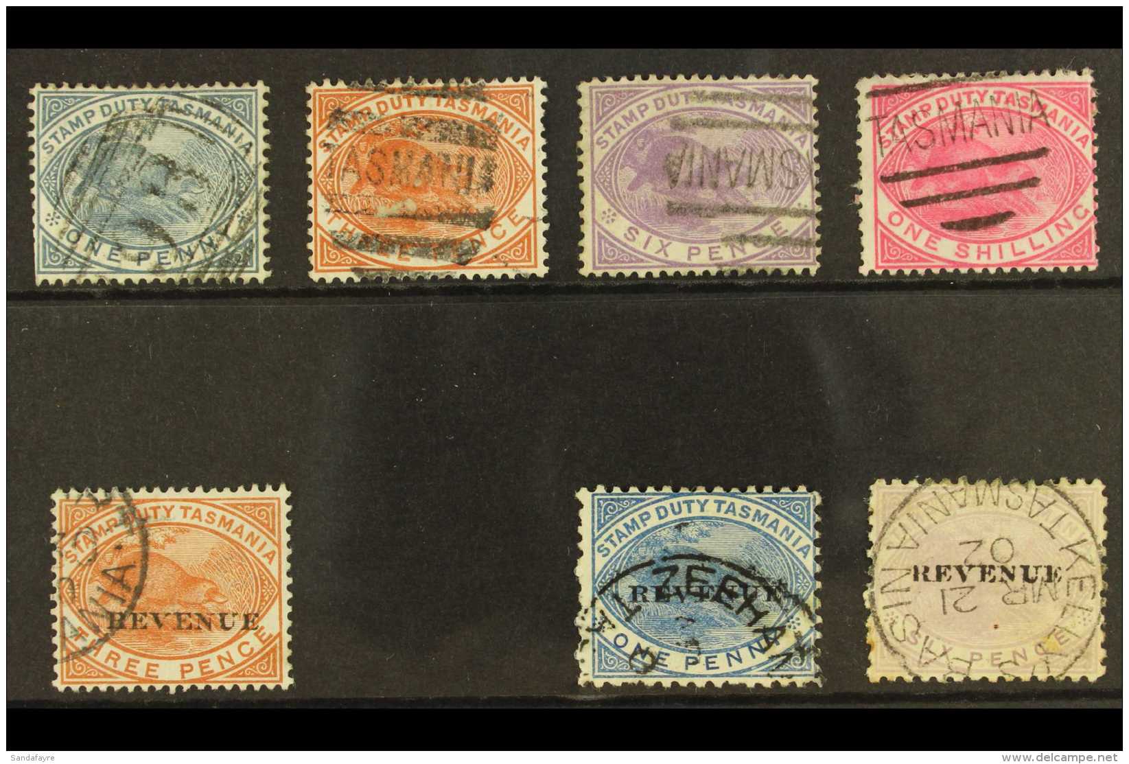 TASMANIA POSTAL FISCAL Small Used Selection Of The Duck-billed Platypus Stamps Including The 1880 Set SG F26/29;... - Otros & Sin Clasificación