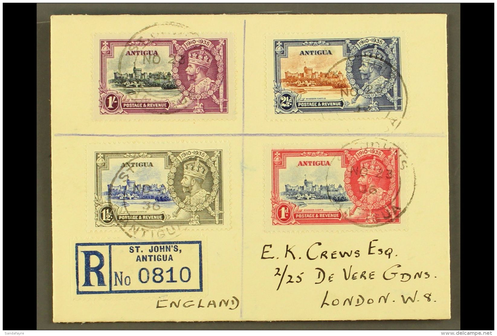 1935 Silver Jubilee Complete Set, SG 91/94, Very Fine Used On Neat Registered Cover To London Tied By ST JOHNS /... - Otros & Sin Clasificación