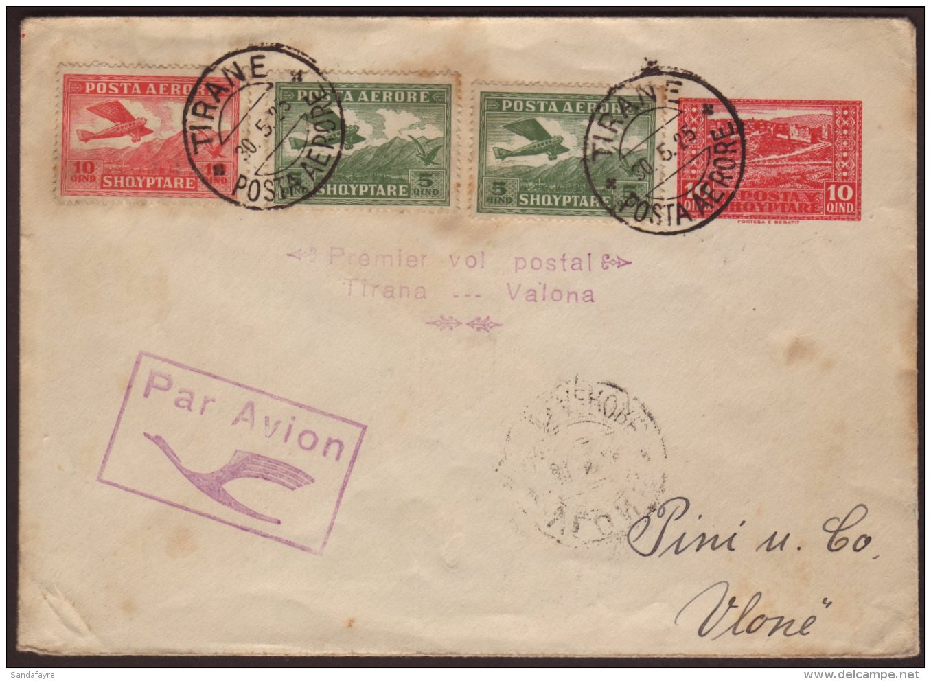 1925 (30 MAY) FIRST FLIGHT COVER From Tirana To Valona By Adria Aero Lloyd, A 10q Postal Stationery Envelope... - Albanien