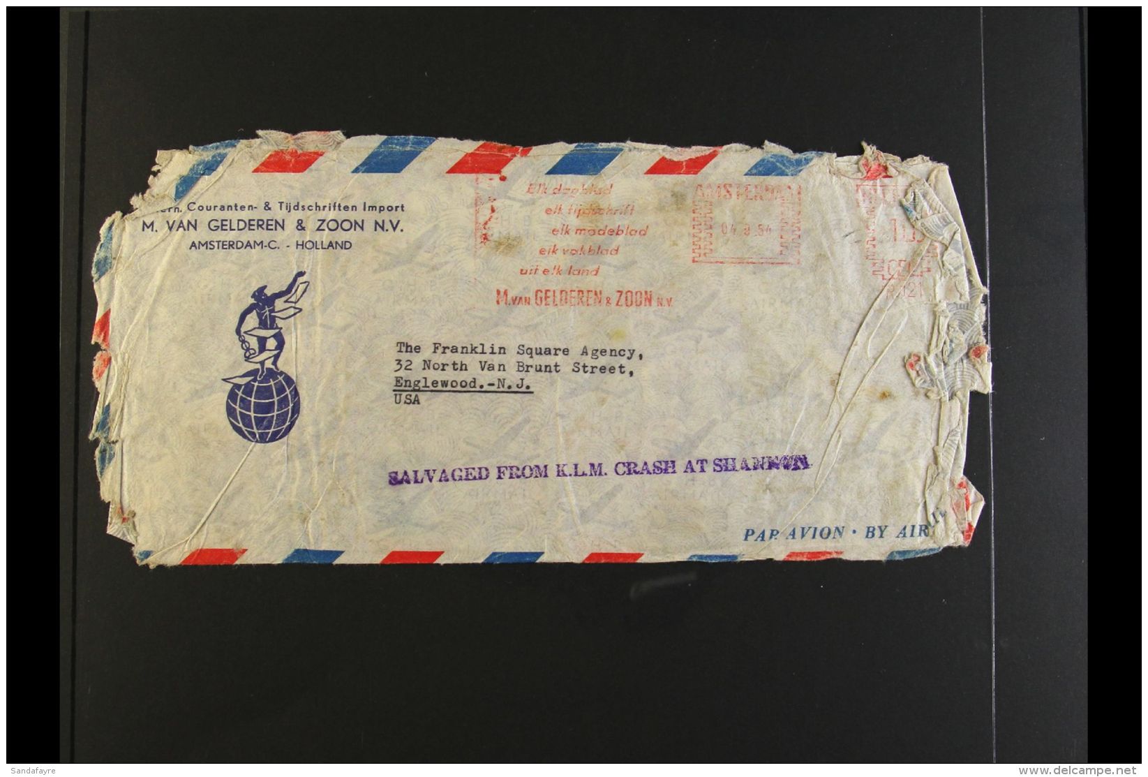 CRASH MAIL 1954 (4 Sept) Meter Mail Cover From Amsterdam To New York With Violet "SALVAGED FROM K.L.M. CRASH AT... - Autres & Non Classés