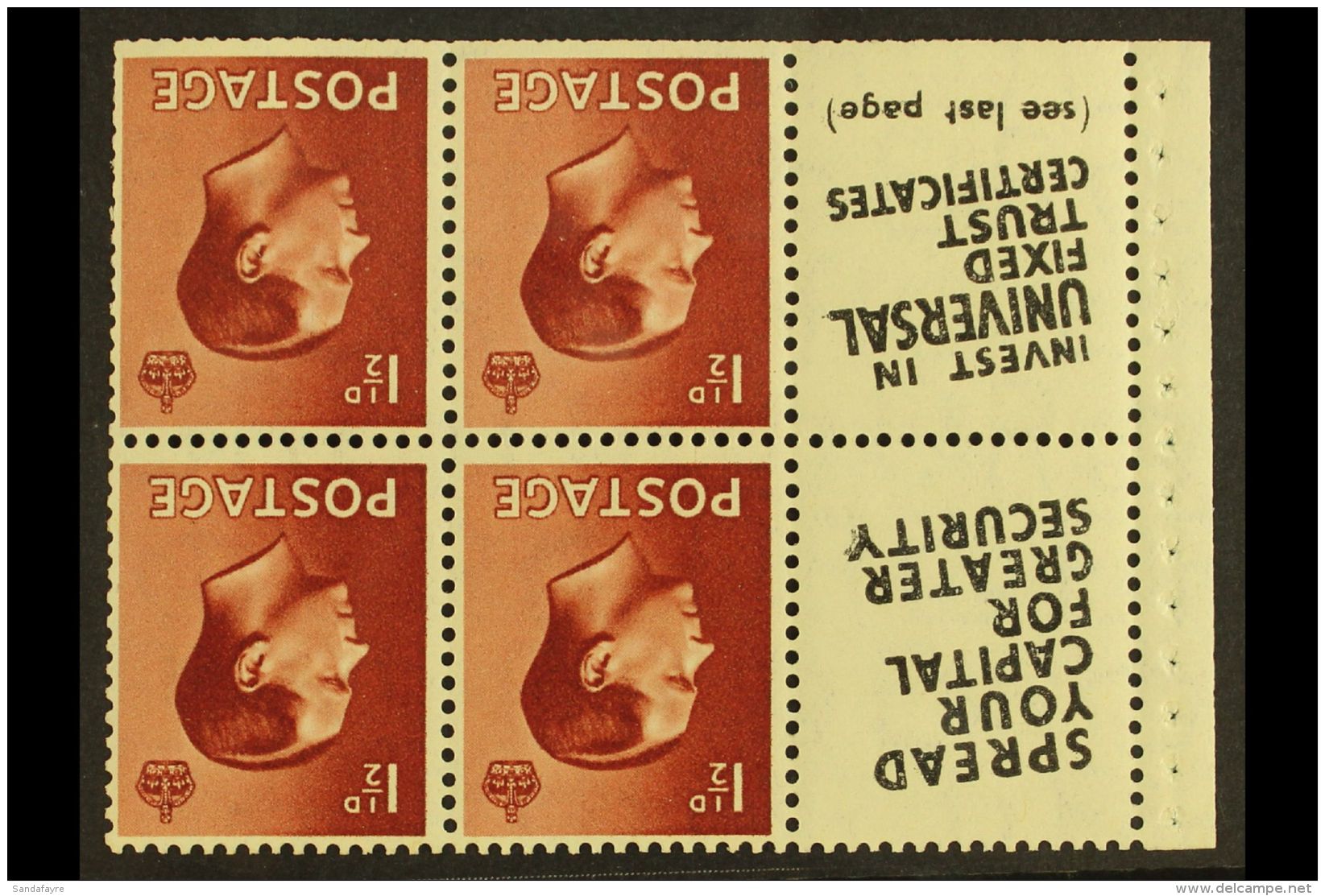 1936 BOOKLET PANE &amp; ADVERTISING LABELS 1&frac12;d Red-brown Inverted Watermark, GB Spec PB5a (perf Type I)... - Sin Clasificación