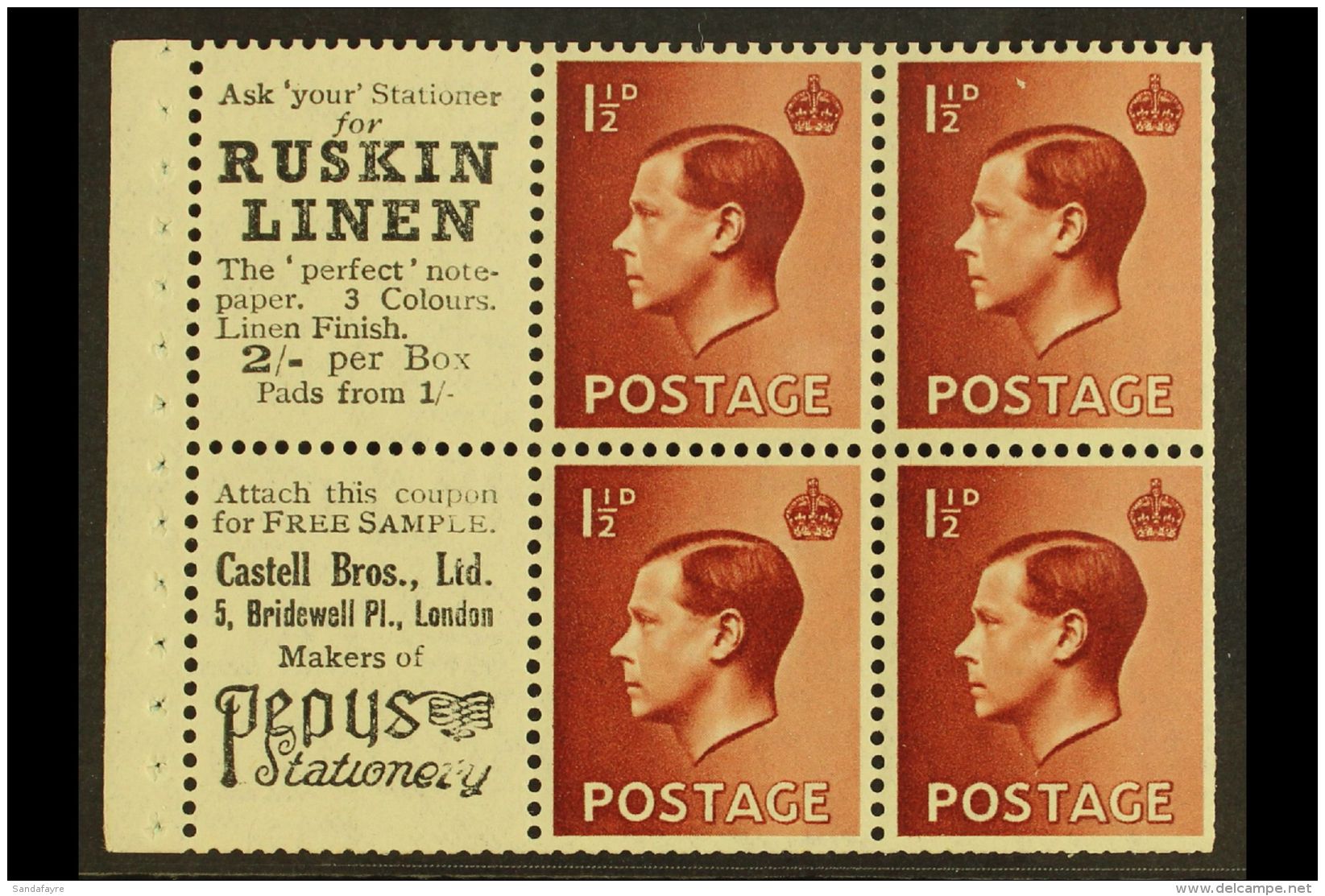 1936 BOOKLET PANE &amp; ADVERTISING LABELS 1&frac12;d Red-brown Upright Watermark, GB Spec PB5 (perf Type I)... - Ohne Zuordnung