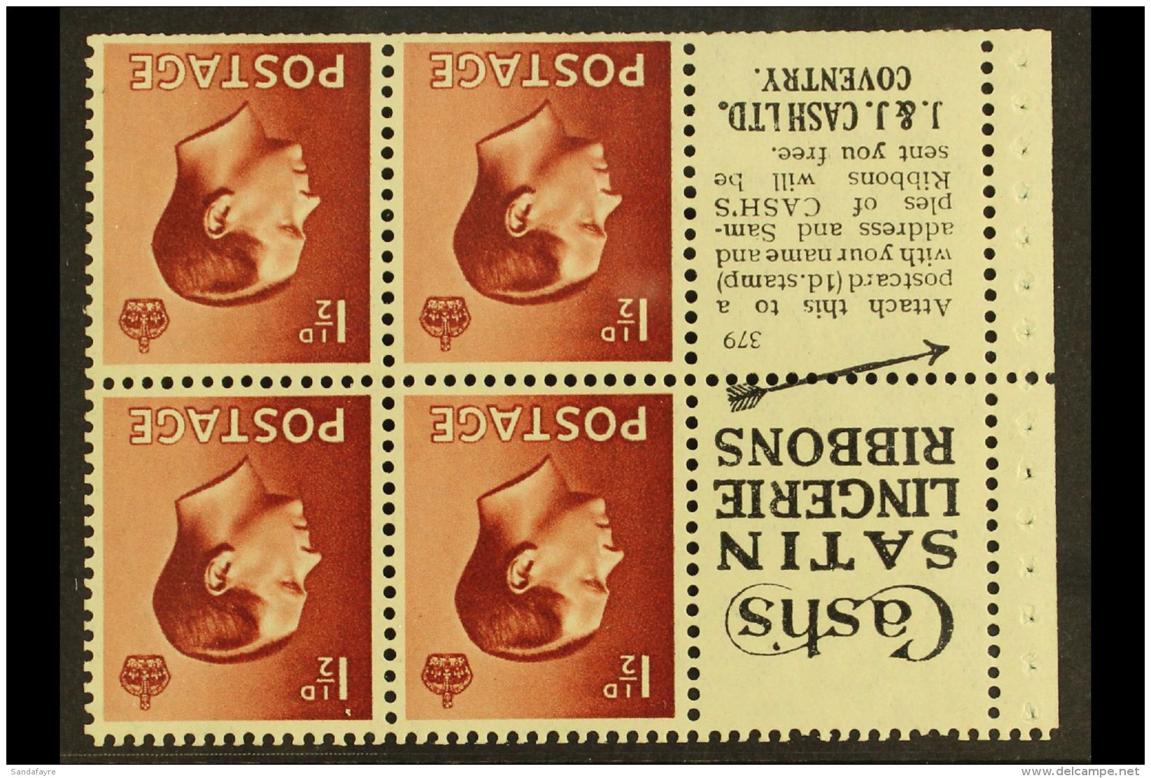 1936 BOOKLET PANE &amp; ADVERTISING LABELS 1&frac12;d Red-brown Inverted Watermark, GB Spec PB5a (perf Type P)... - Non Classés