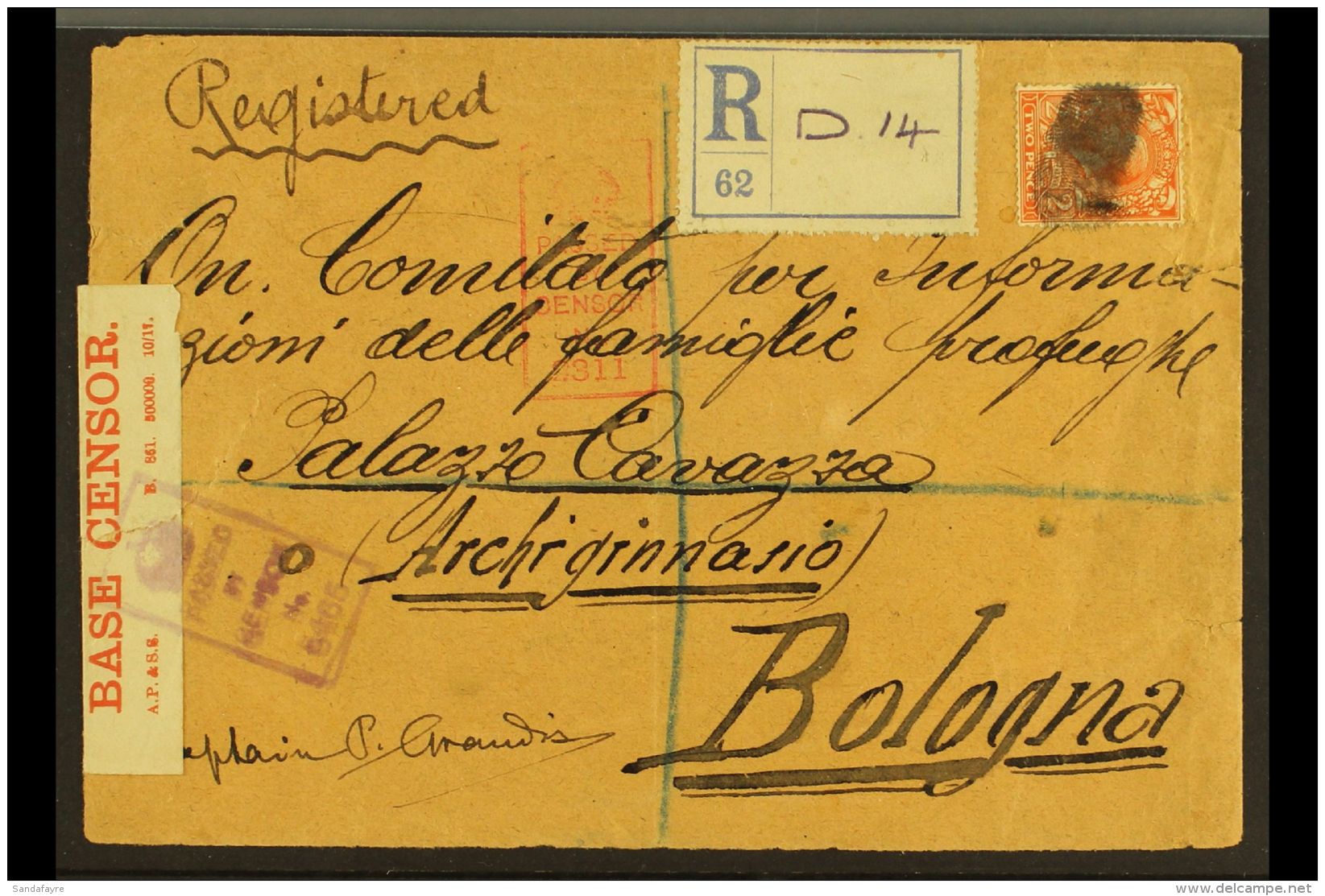 WWI REFUGEE MAIL 1918 Registered Cover Addressed To Bologna, Italy, Sent By An Interpreter Requesting Information... - Sin Clasificación